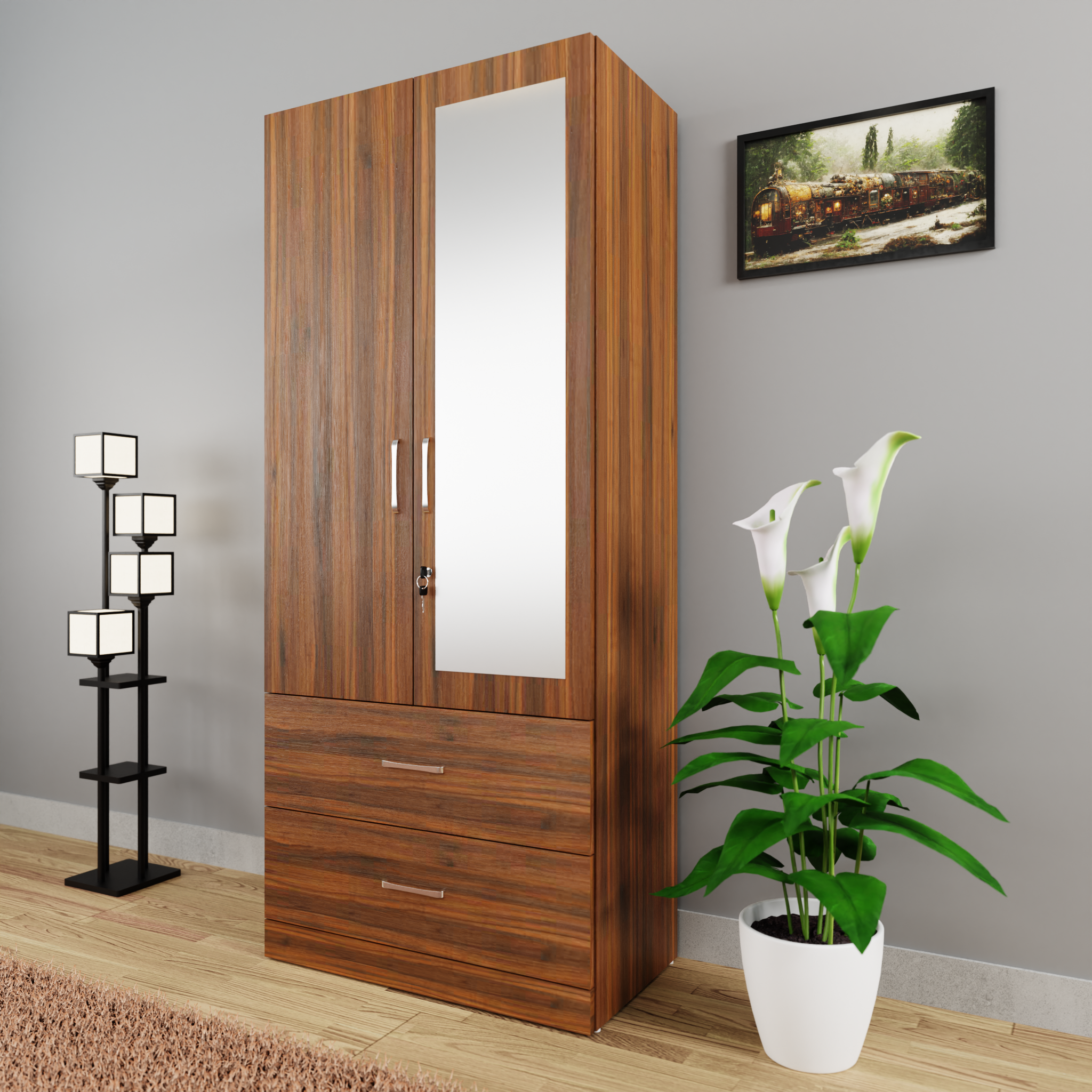 AVIRA | Wardrobe With Mirror, Hinged | 2 Door, 2 Drawer Wardrobes VIKI FURNITURE Walnut