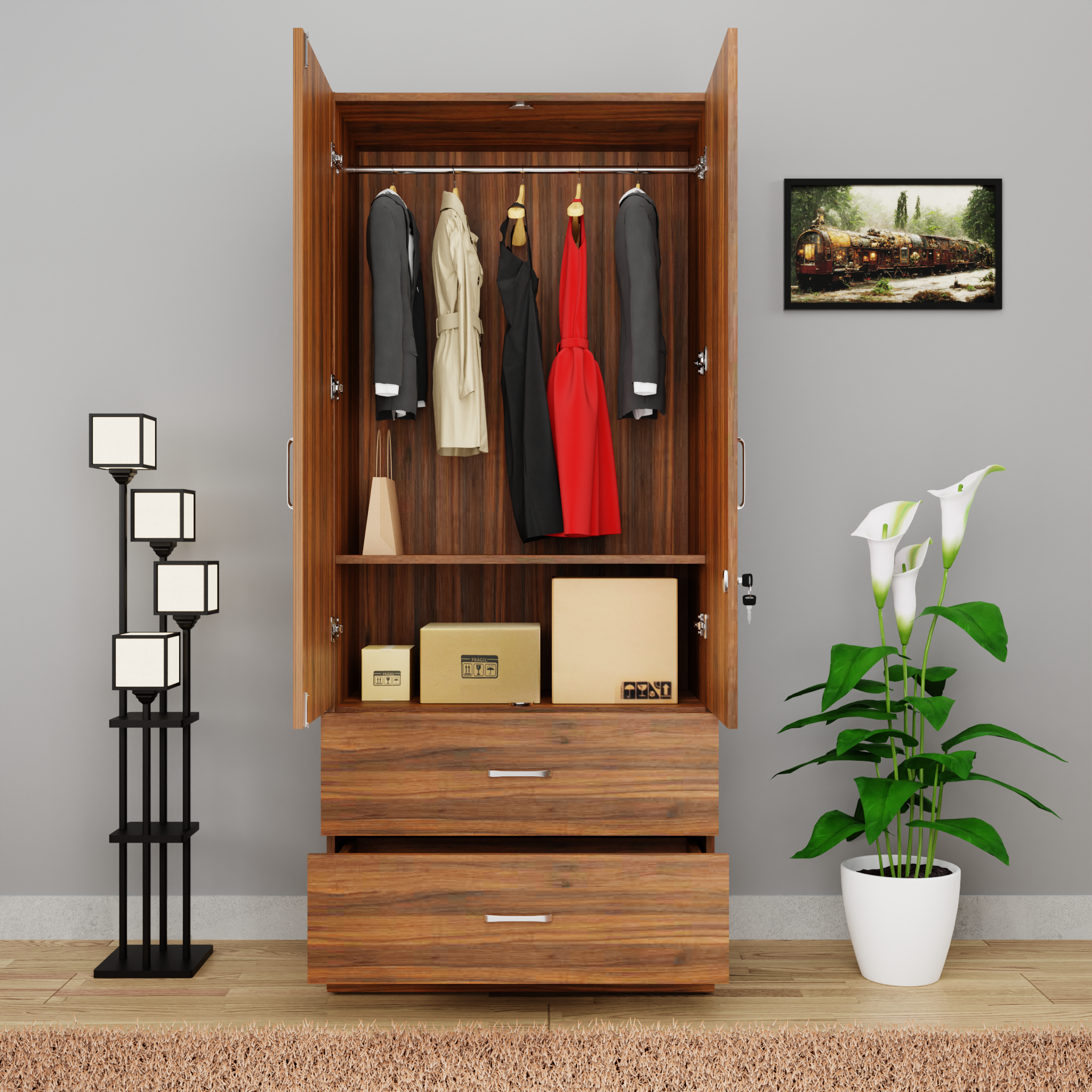 AVIRA | Wardrobe With Mirror, Hinged | 2 Door, 2 Drawer Wardrobes VIKI FURNITURE   