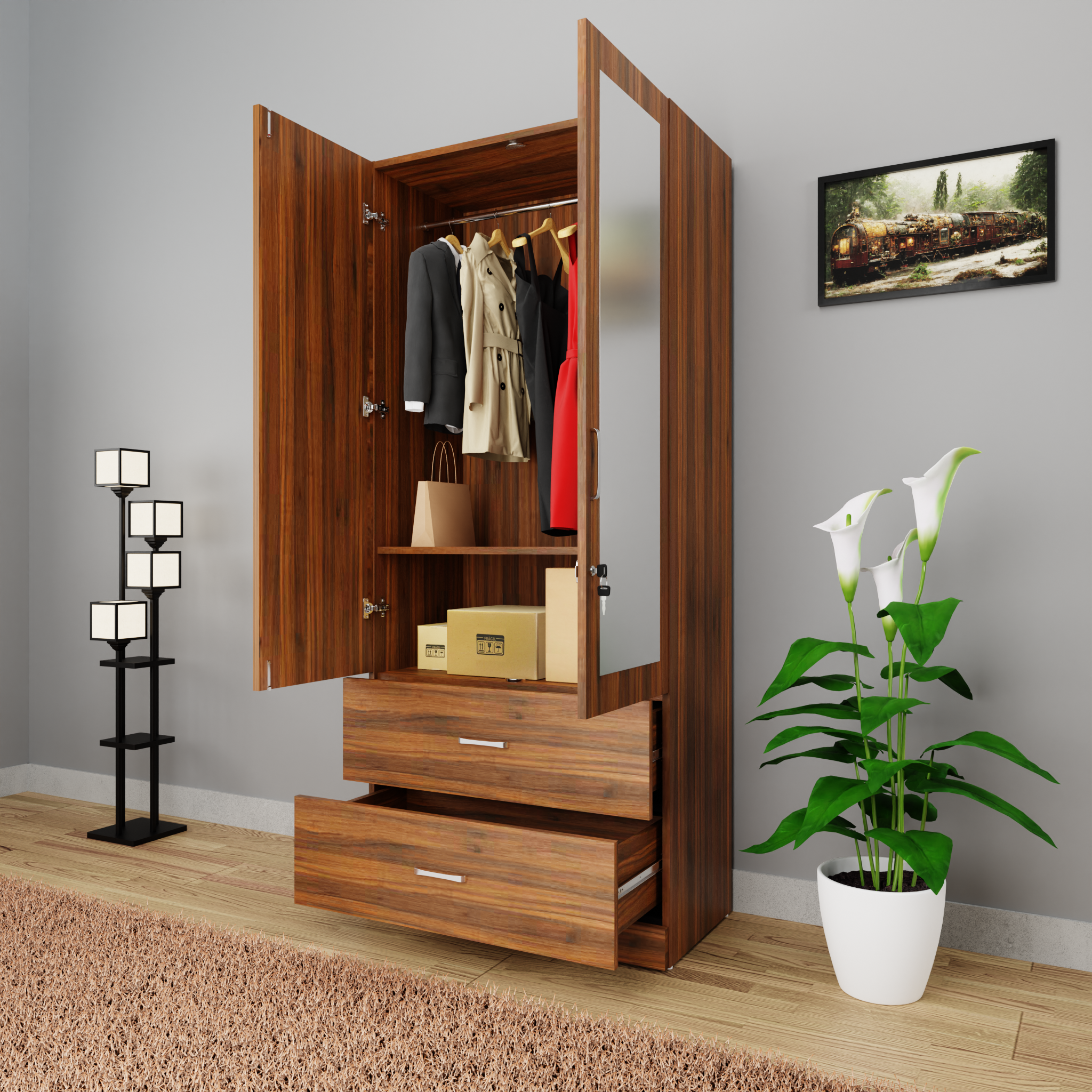 AVIRA | Wardrobe With Mirror, Hinged | 2 Door, 2 Drawer Wardrobes VIKI FURNITURE   