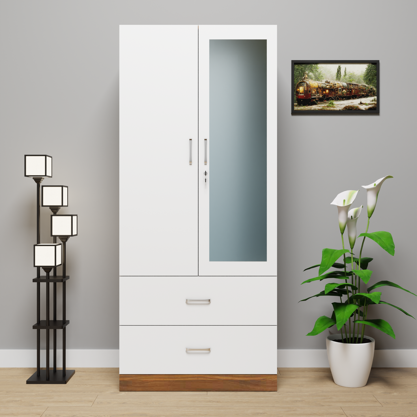 AVIRA | Wardrobe With Mirror, Hinged | 2 Door, 2 Drawer & Dual Color Wardrobes VIKI FURNITURE Brussel Walnut & Frosty White  