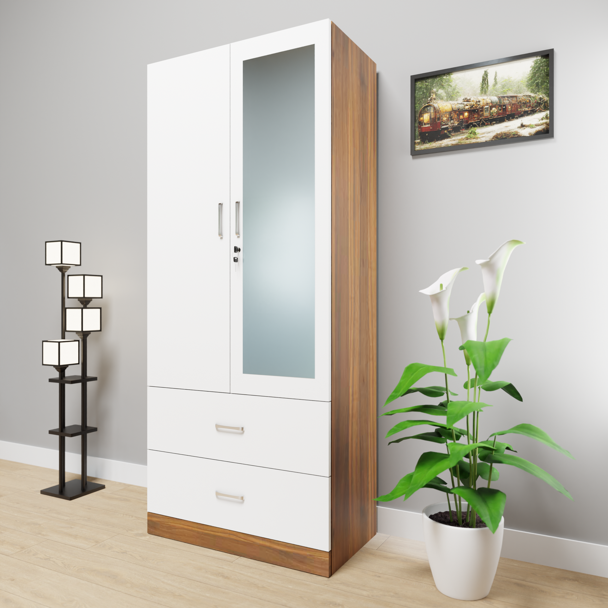 White wooden wardrobe with mirror deals