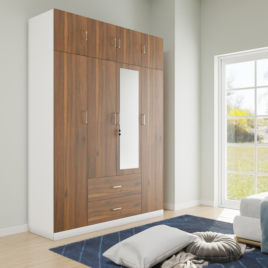 AVIRA |Wardrobe with Mirror, Hinged | 4 Door, 2 Drawer with loft & Dual Color Wardrobes VIKI FURNITURE Frosty White & Dark Wenge  