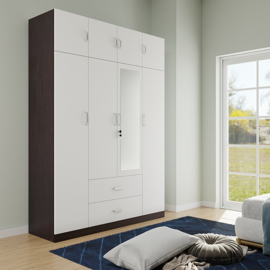AVIRA |Wardrobe with Mirror, Hinged | 4 Door, 2 Drawer with loft & Dual Color Wardrobes VIKI FURNITURE Dark Wenge & Frosty White  