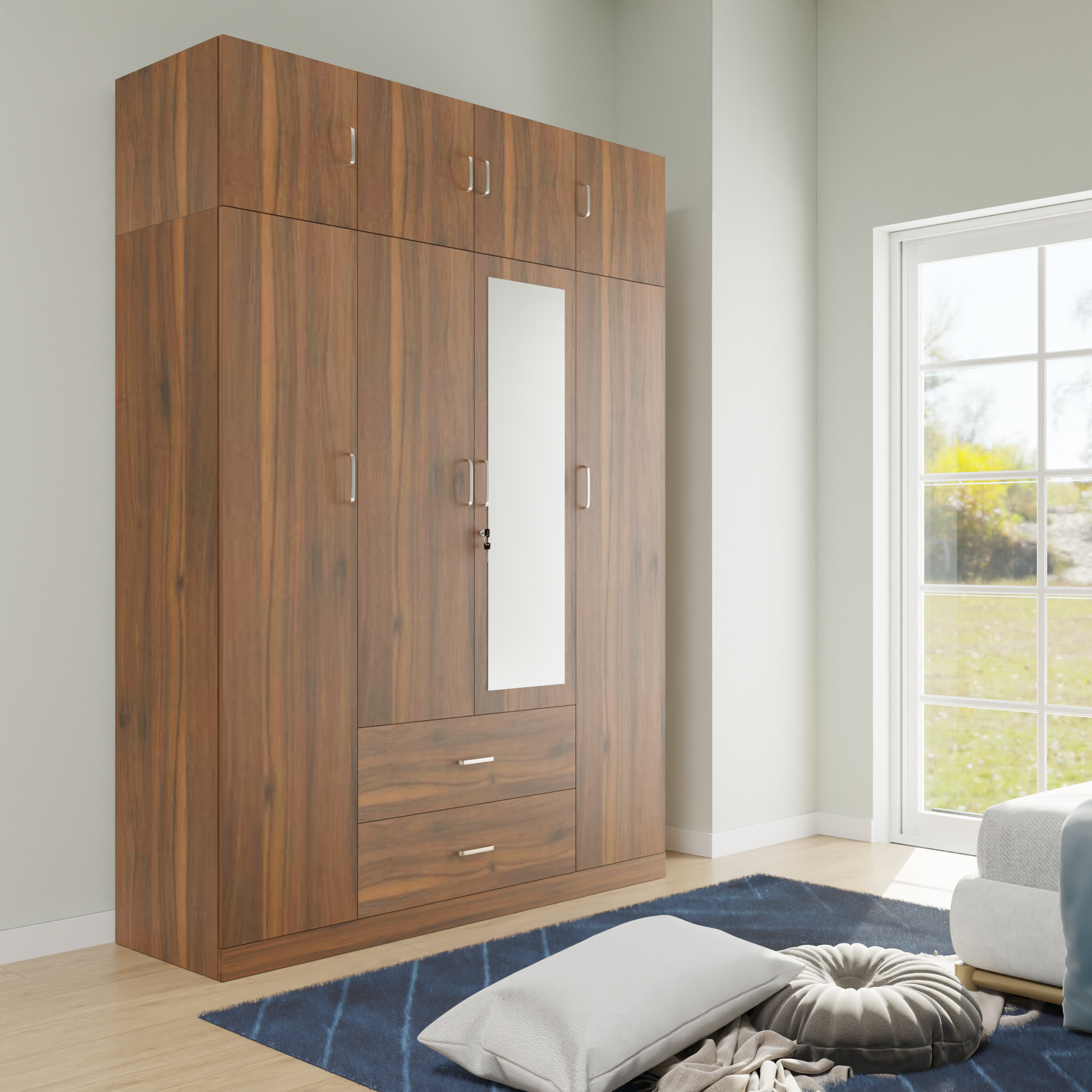 AVIRA |Wardrobe with Mirror, Hinged | 4 Door, 2 Drawer with loft Wardrobes VIKI FURNITURE Walnut