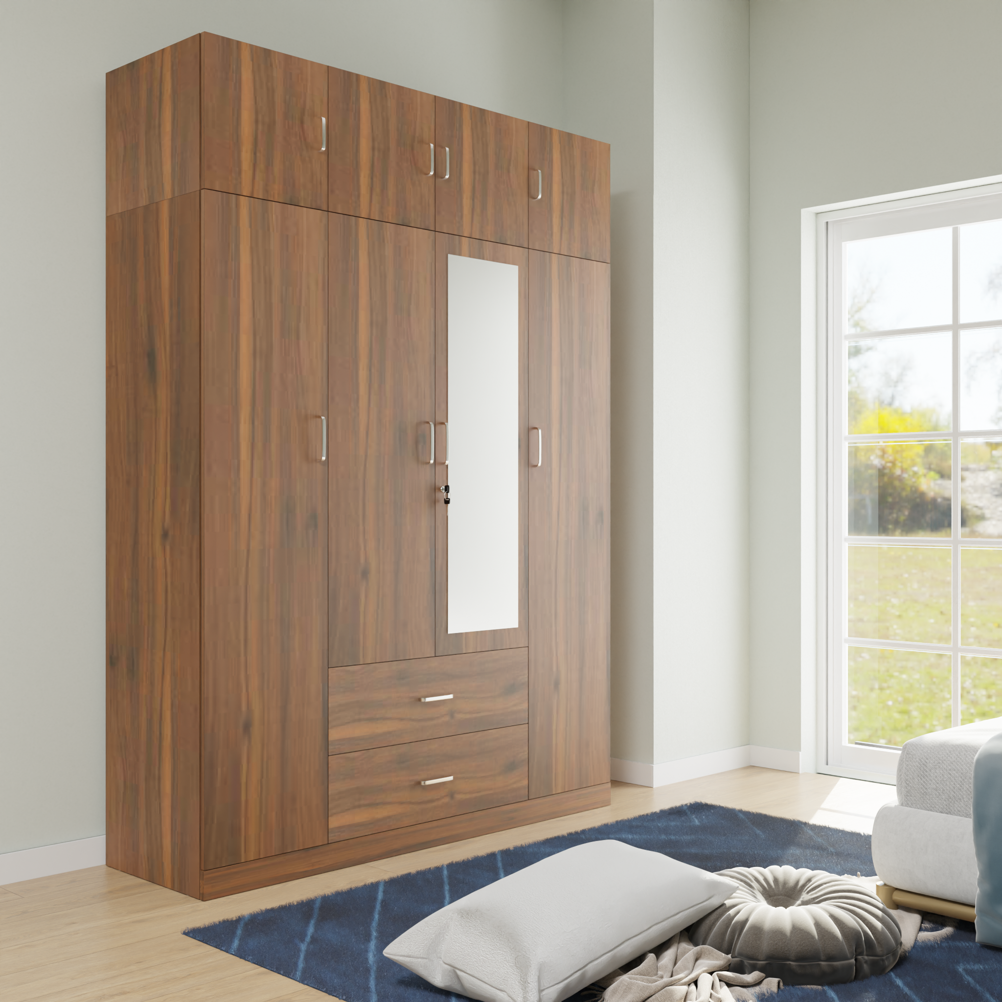 AVIRA |Wardrobe with Mirror, Hinged | 4 Door, 2 Drawer with loft Wardrobes VIKI FURNITURE Walnut