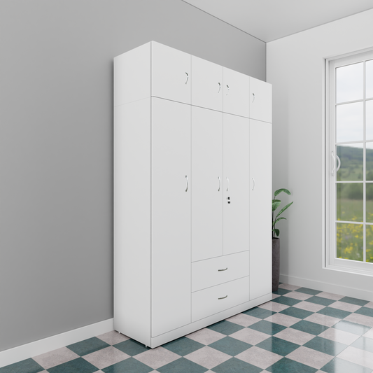 AVIRA |Wardrobe , Hinged | 4 Door, 2 Drawer with loft Wardrobes VIKI FURNITURE Frosty White  