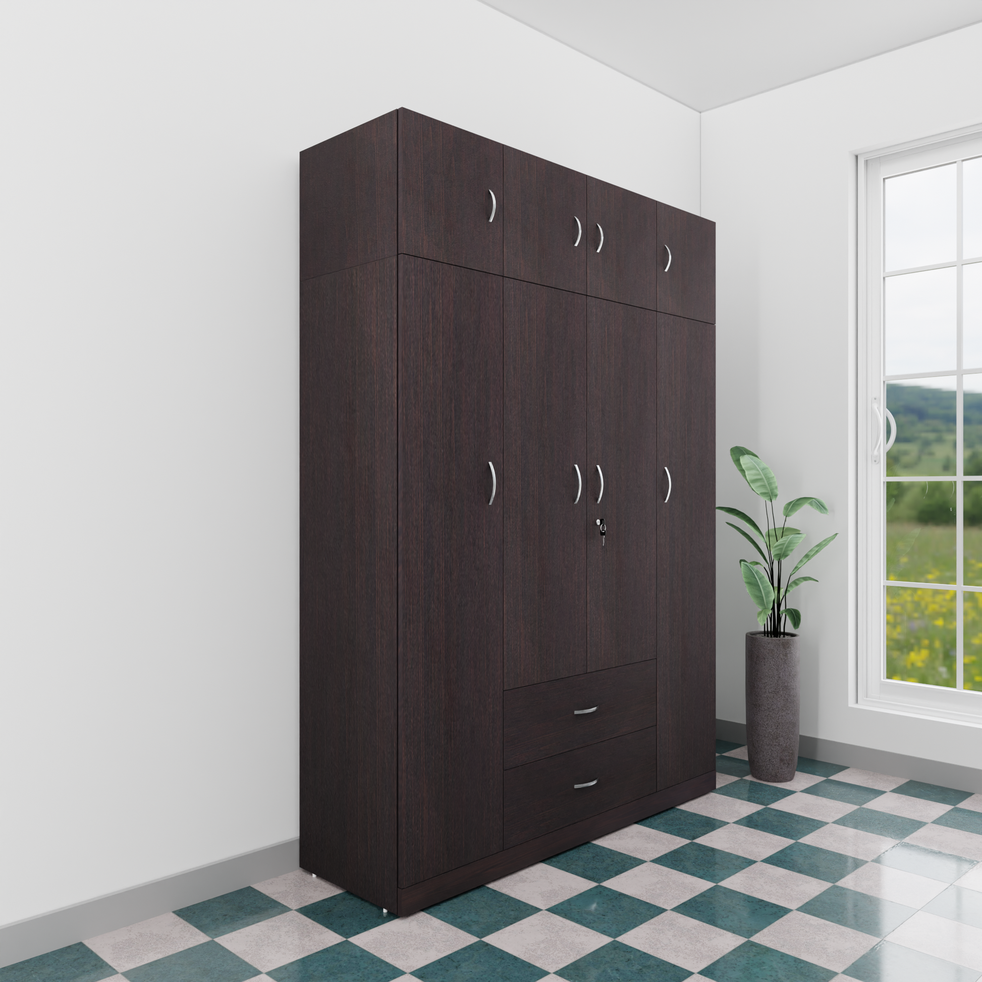 AVIRA |Wardrobe , Hinged | 4 Door, 2 Drawer with loft Wardrobes VIKI FURNITURE Wenge