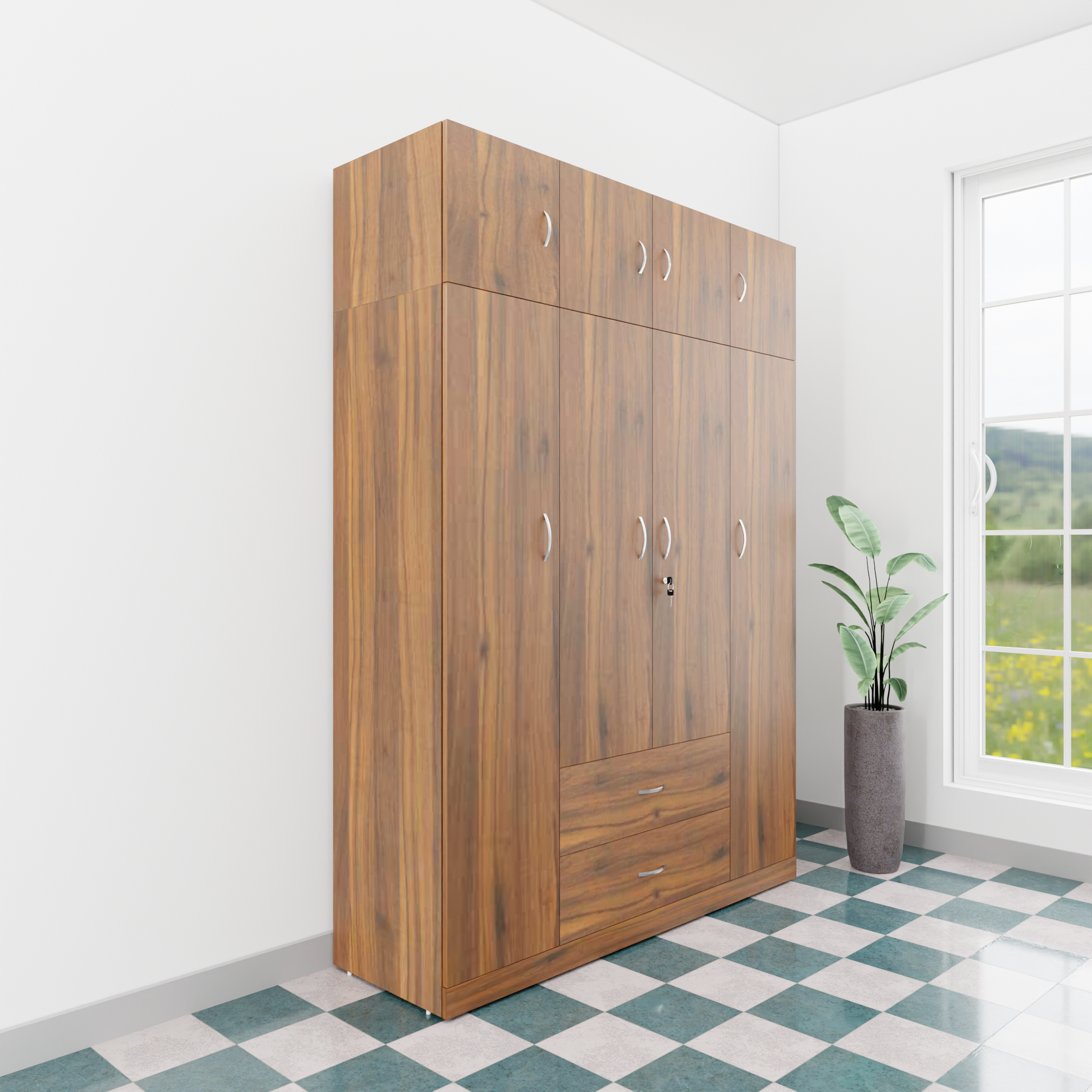 AVIRA |Wardrobe , Hinged | 4 Door, 2 Drawer with loft Wardrobes VIKI FURNITURE Walnut
