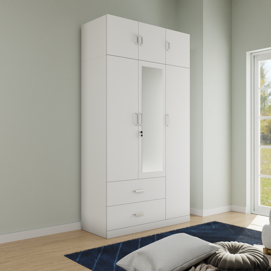 AVIRA |Wardrobe with Mirror, Hinged | 3 Door, 2 Drawer with loft Wardrobes VIKI FURNITURE Frosty White  