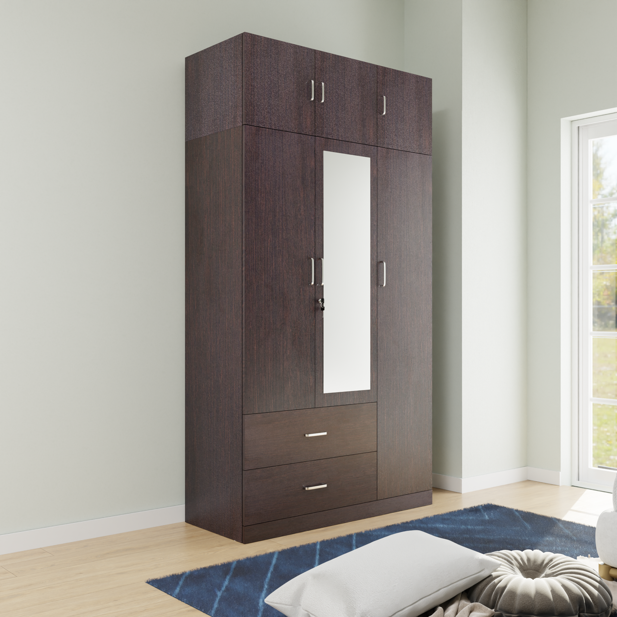 AVIRA |Wardrobe with Mirror, Hinged | 3 Door, 2 Drawer with loft Wardrobes VIKI FURNITURE Wenge