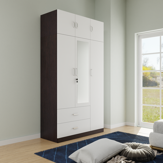 AVIRA |Wardrobe with Mirror, Hinged | 3 Door, 2 Drawer with loft & Dual Color Wardrobes VIKI FURNITURE Dark Wenge & Frosty White  