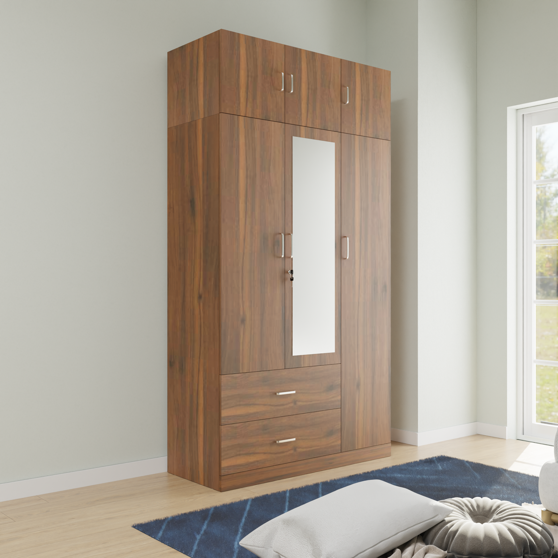 AVIRA |Wardrobe with Mirror, Hinged | 3 Door, 2 Drawer with loft Wardrobes VIKI FURNITURE Walnut
