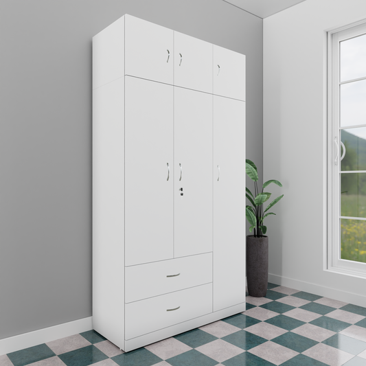 AVIRA |Wardrobe , Hinged | 3 Door, 2 Drawer with loft Wardrobes VIKI FURNITURE Frosty White  