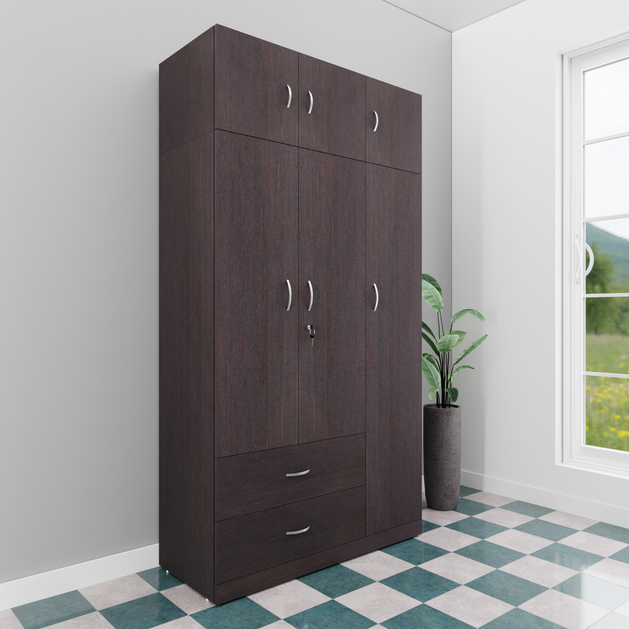 AVIRA |Wardrobe , Hinged | 3 Door, 2 Drawer with loft Wardrobes VIKI FURNITURE Wenge