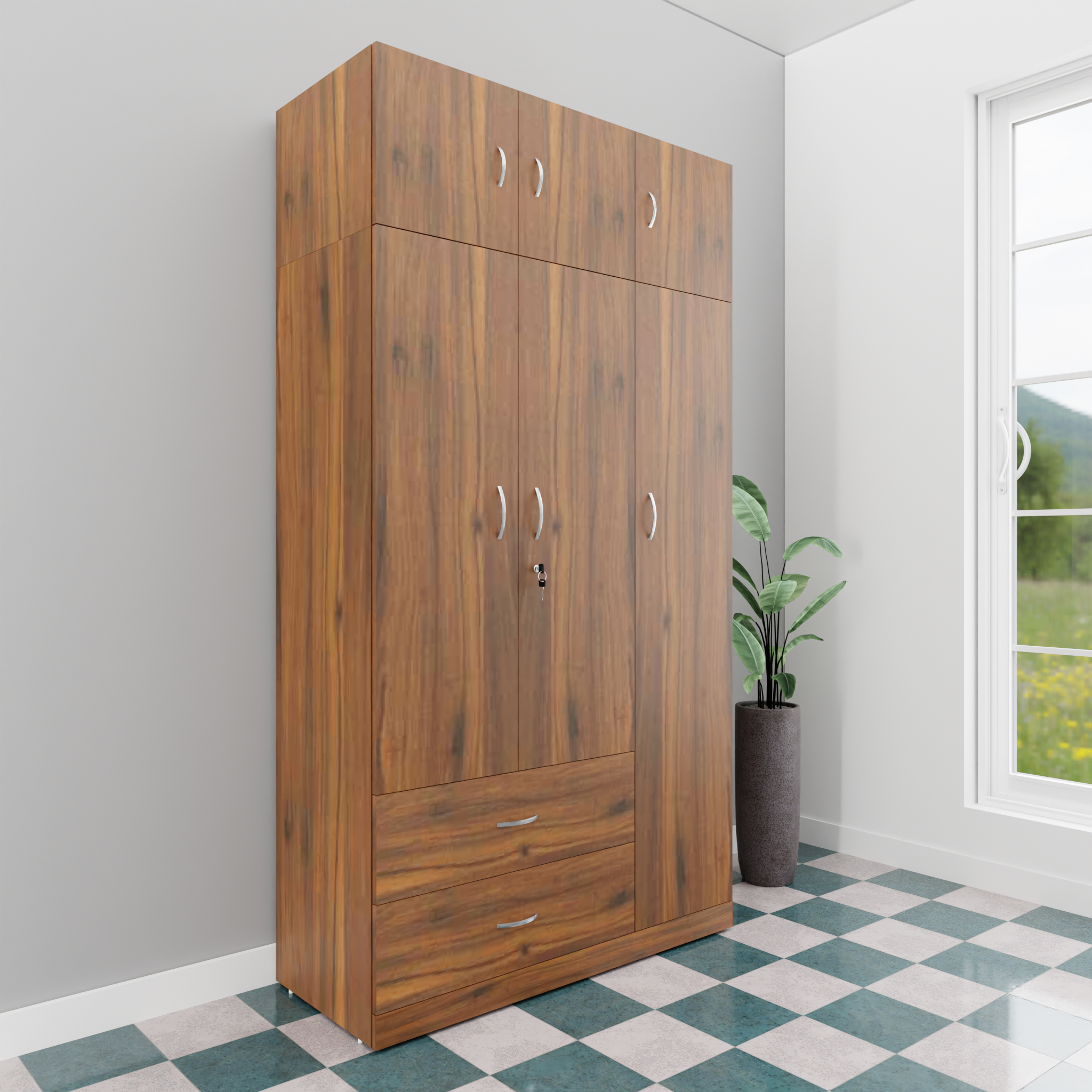 AVIRA |Wardrobe , Hinged | 3 Door, 2 Drawer with loft Wardrobes VIKI FURNITURE Walnut