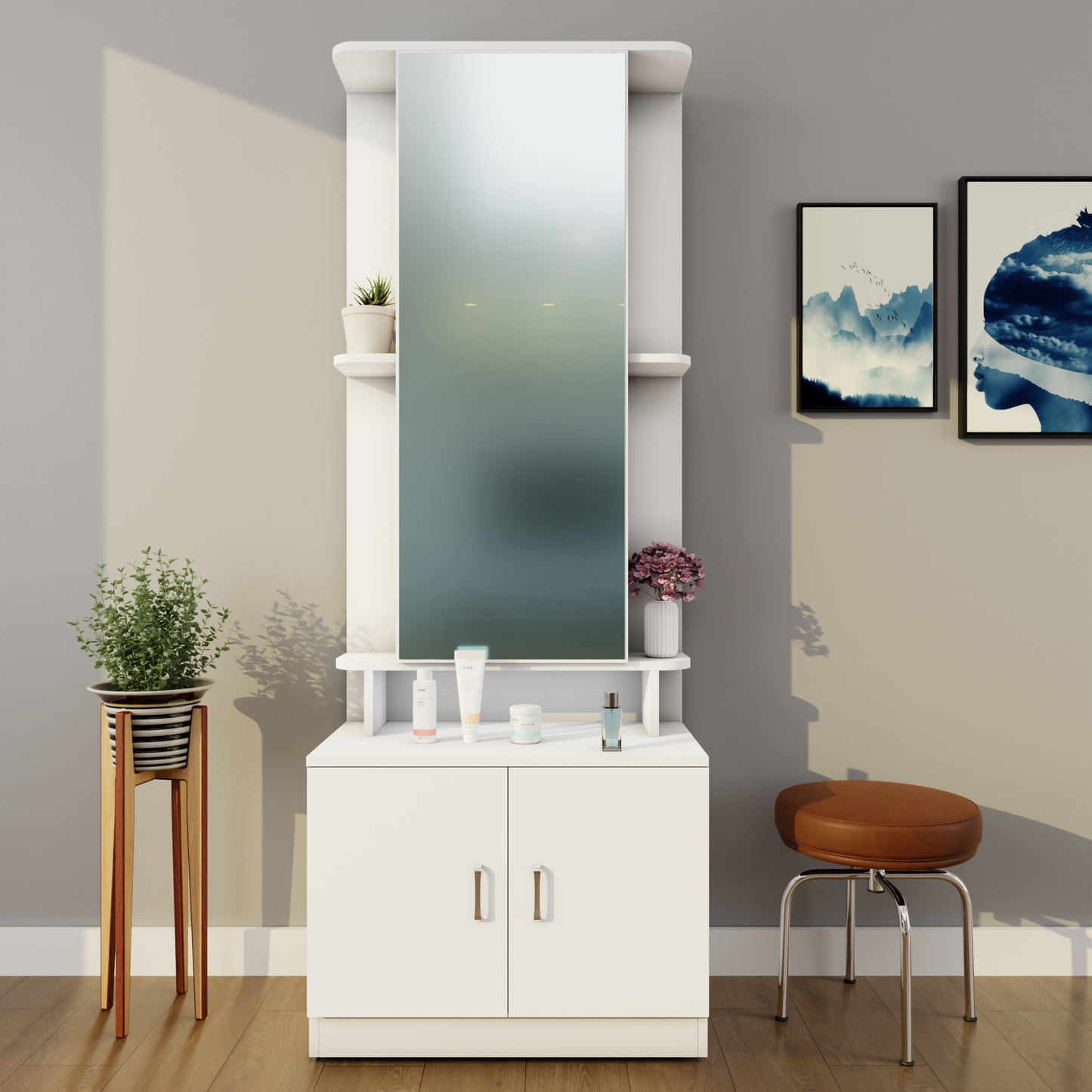 Dressing Table with Mirror Door | Double Door & Shelves Dressing Table VIKI FURNITURE Frosty White  