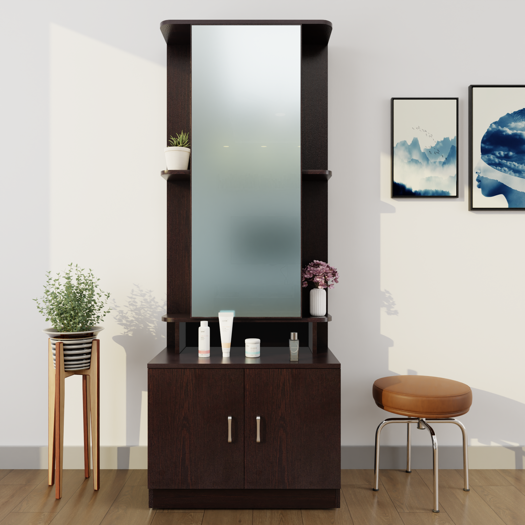 Dressing Table with Mirror Door | Double Door & Shelves Dressing Table VIKI FURNITURE Wenge