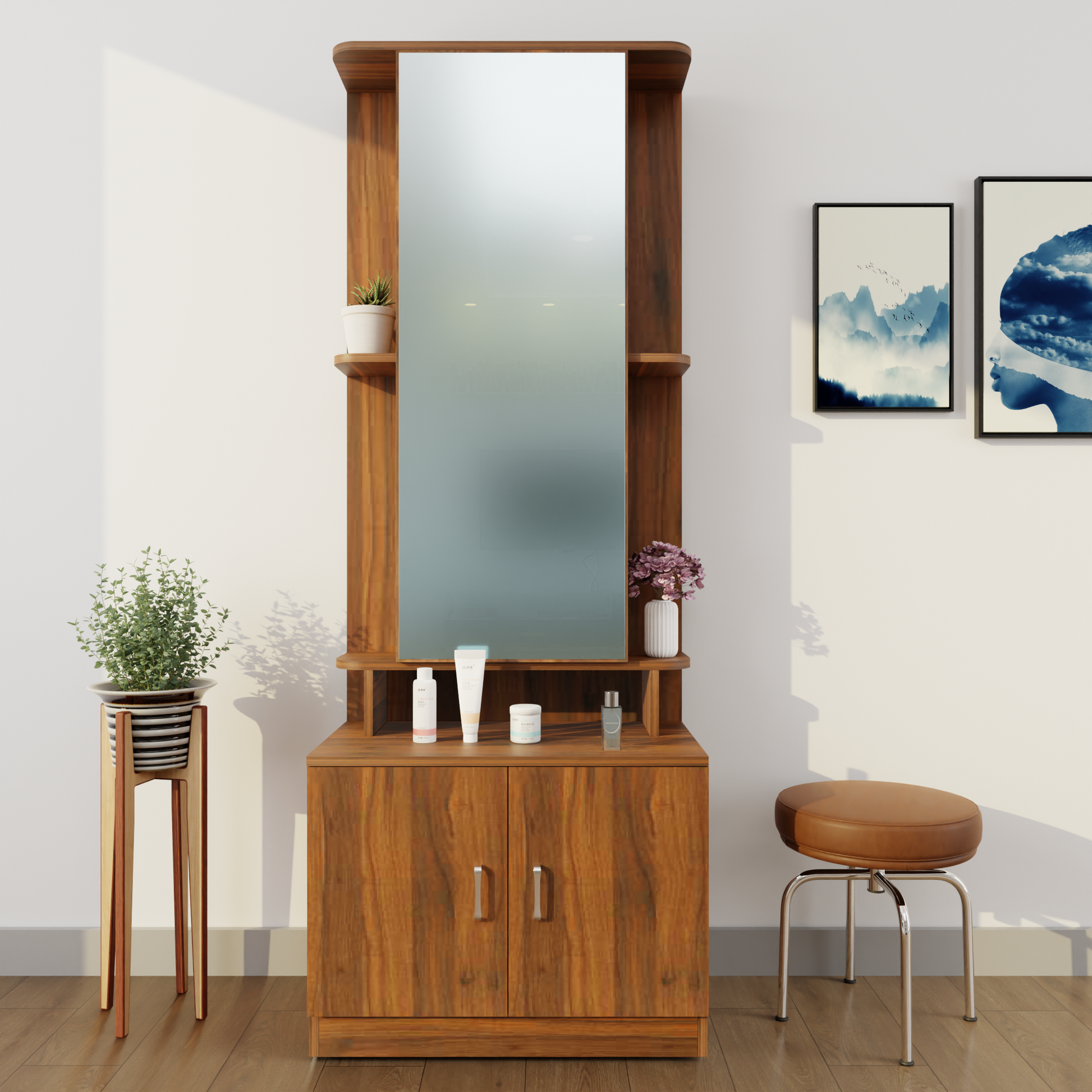 Dressing Table with Mirror Door | Double Door & Shelves Dressing Table VIKI FURNITURE Walnut