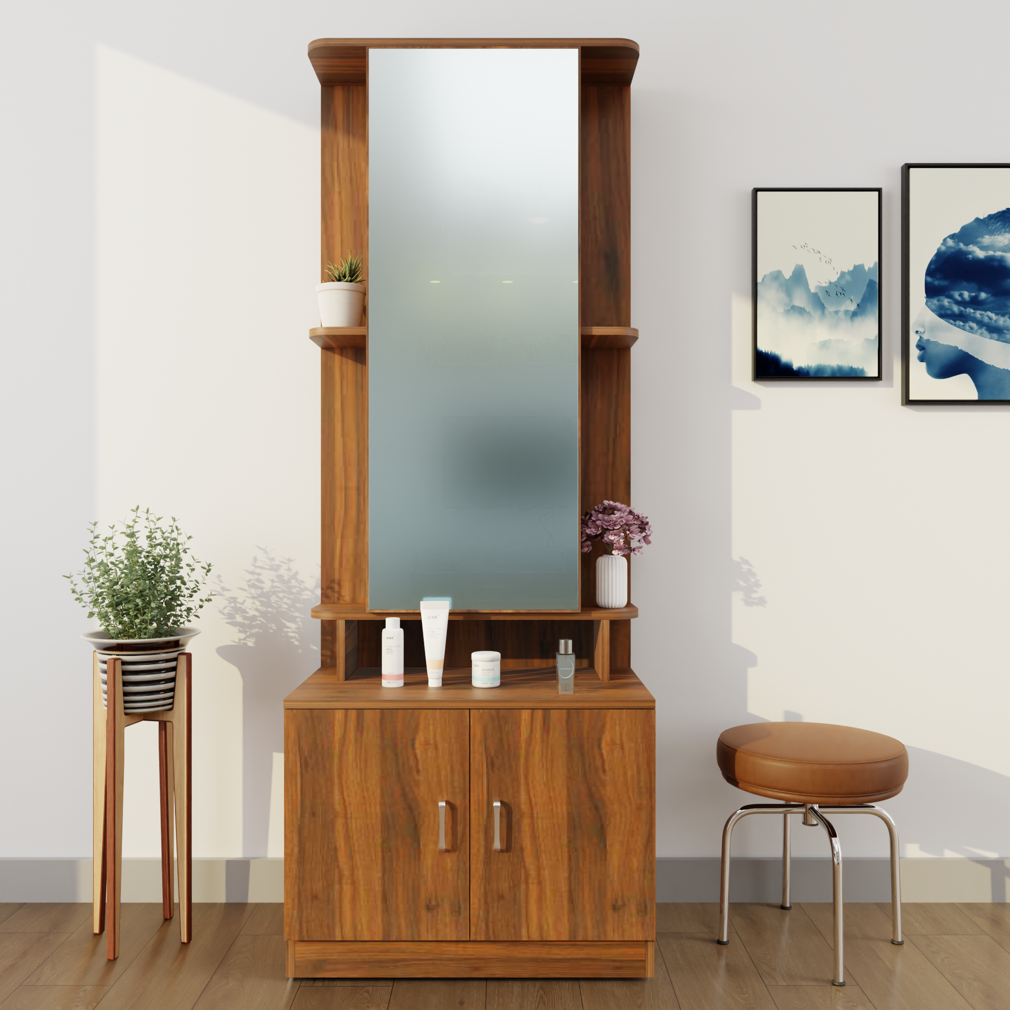 Dressing Table with Mirror Door | Double Door & Shelves Dressing Table VIKI FURNITURE Walnut