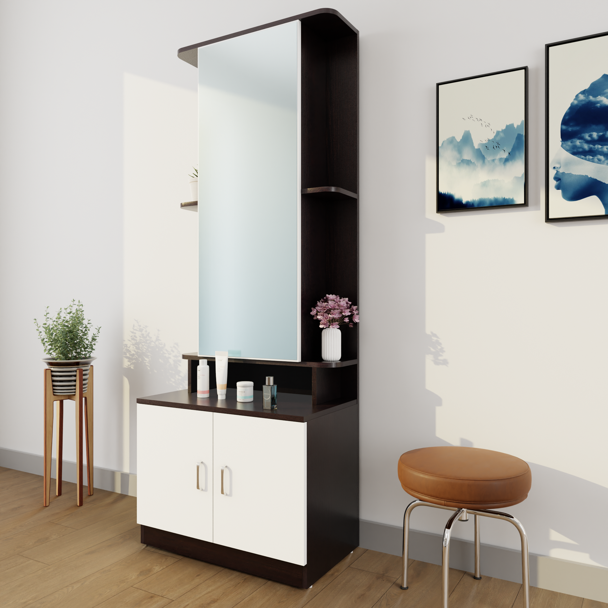 Dressing Table with Mirror Door Double Door Shelves Multi