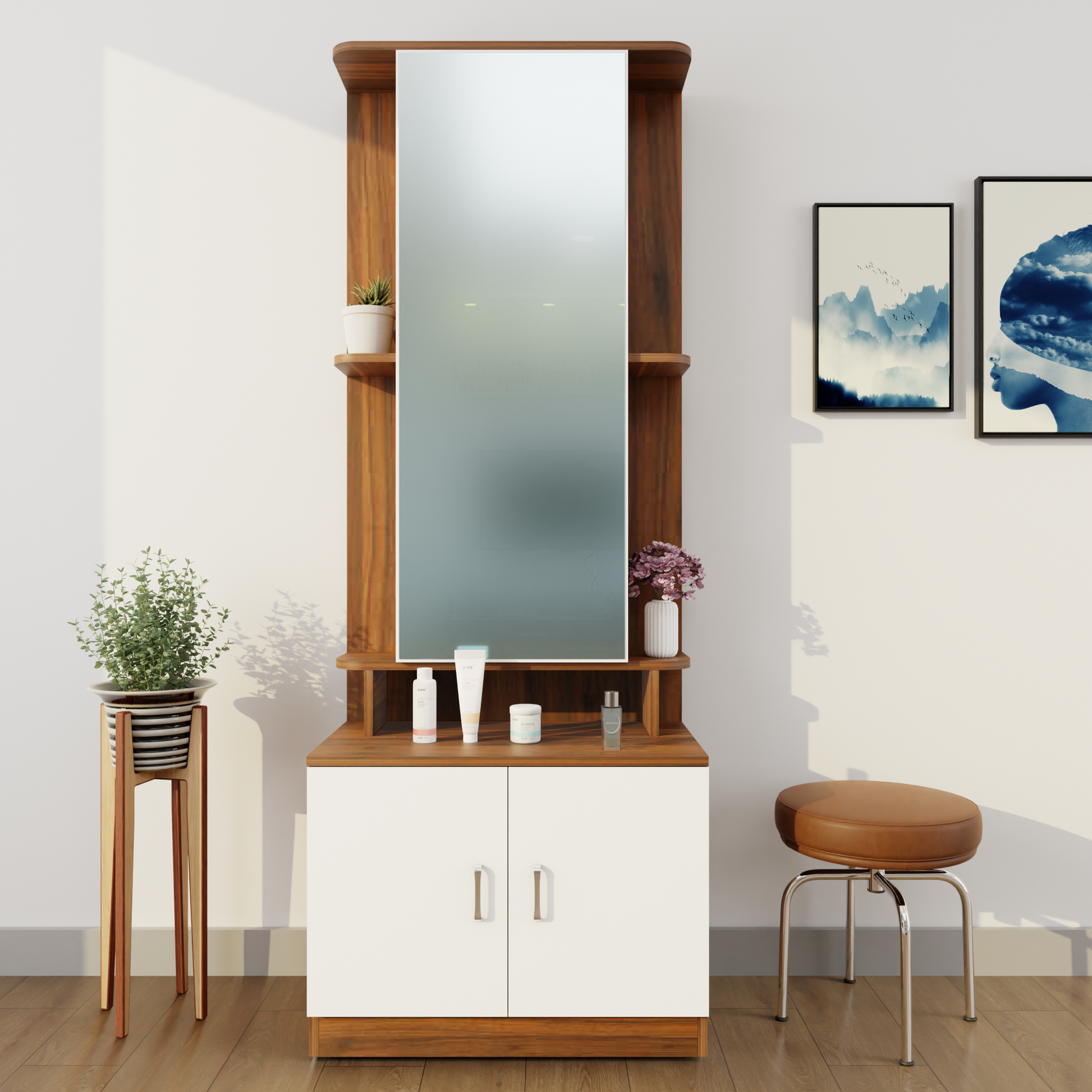 Dressing Table with Mirror Door | Double Door & Shelves | Multi Color Dressing Table VIKI FURNITURE Brussel Walnut & Frosty White  