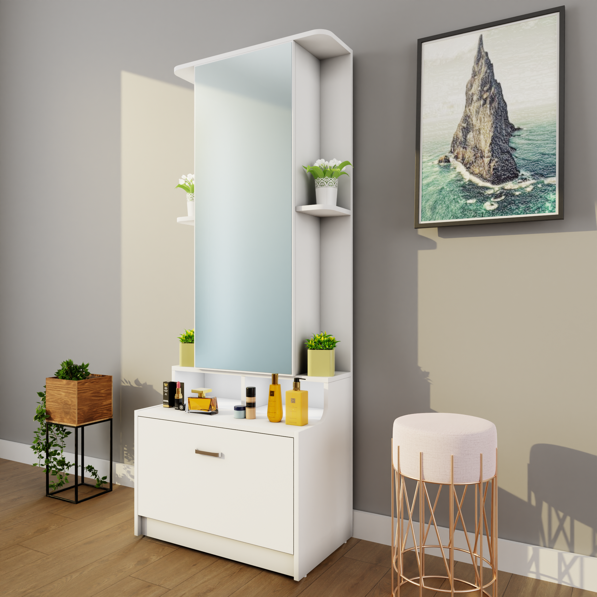 Dressing Table with Mirror Door | Drawer & Shelves VIKI FURNITURE Dressing Table with Mirror Door | Drawer & Shelves VIKI FURNITURE