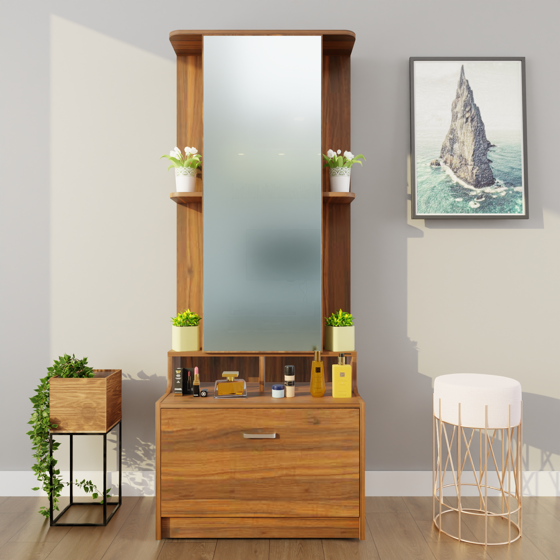 Dressing Table with Mirror Door | Drawer & Shelves Dressing Table VIKI FURNITURE Walnut