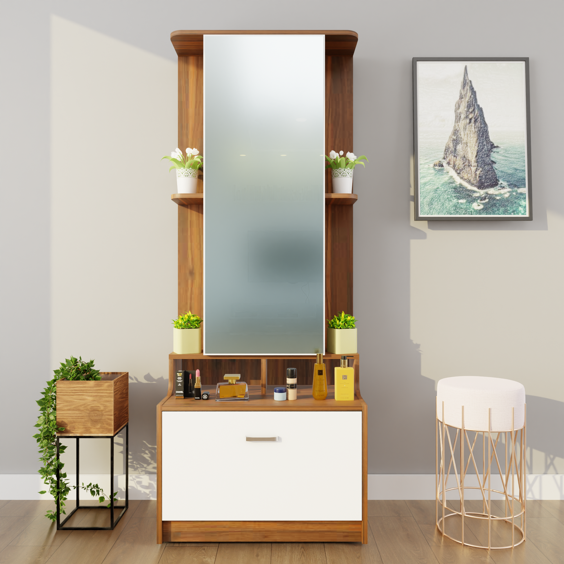 Dressing Table with Mirror Door | Drawer & Shelves | Multi Color Dressing Table VIKI FURNITURE Brussel Walnut & Frosty White  