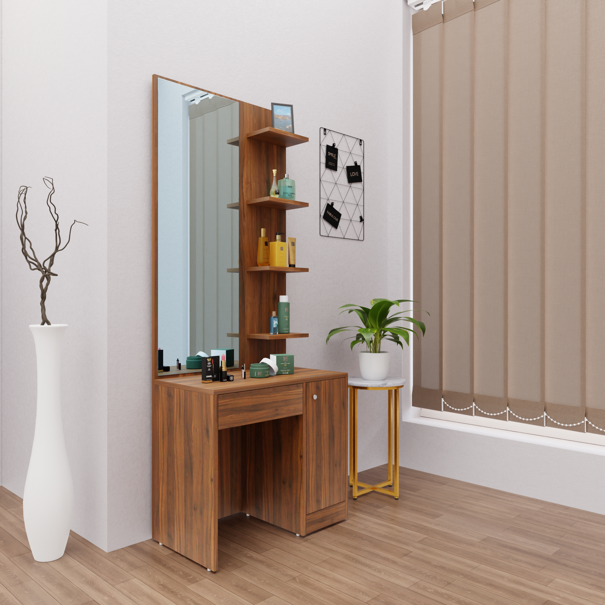 Dressing Table with Mirror Door | Door, Drawer & Open Shelves Dressing Table VIKI FURNITURE   