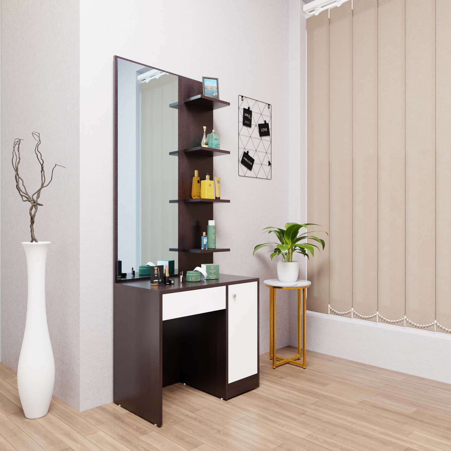 Dressing Table with Mirror Door | Door, Drawer & Open Shelves | Multi Color Dressing Table VIKI FURNITURE   