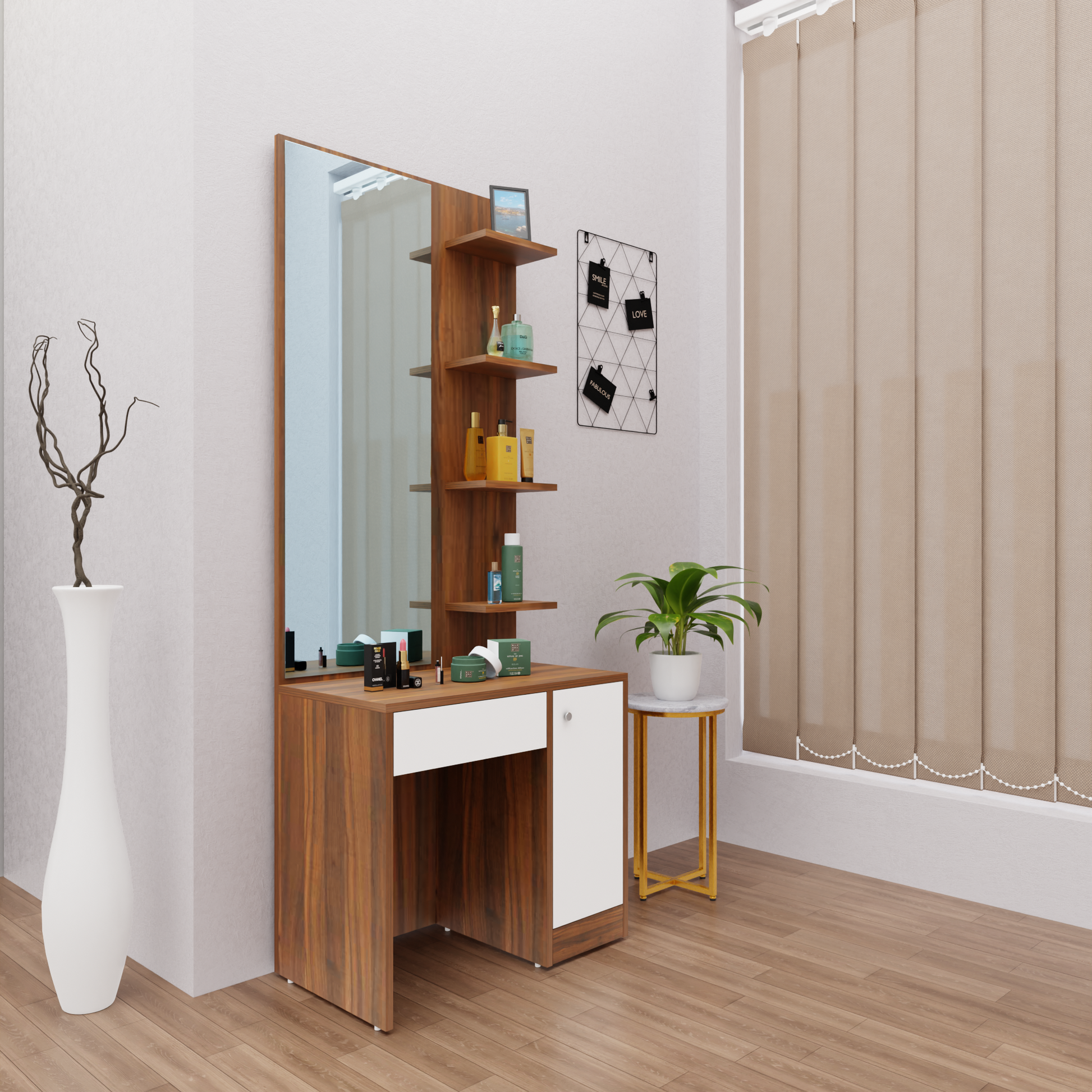 Dressing Table with Mirror Door | Door, Drawer & Open Shelves | Multi Color Dressing Table VIKI FURNITURE   
