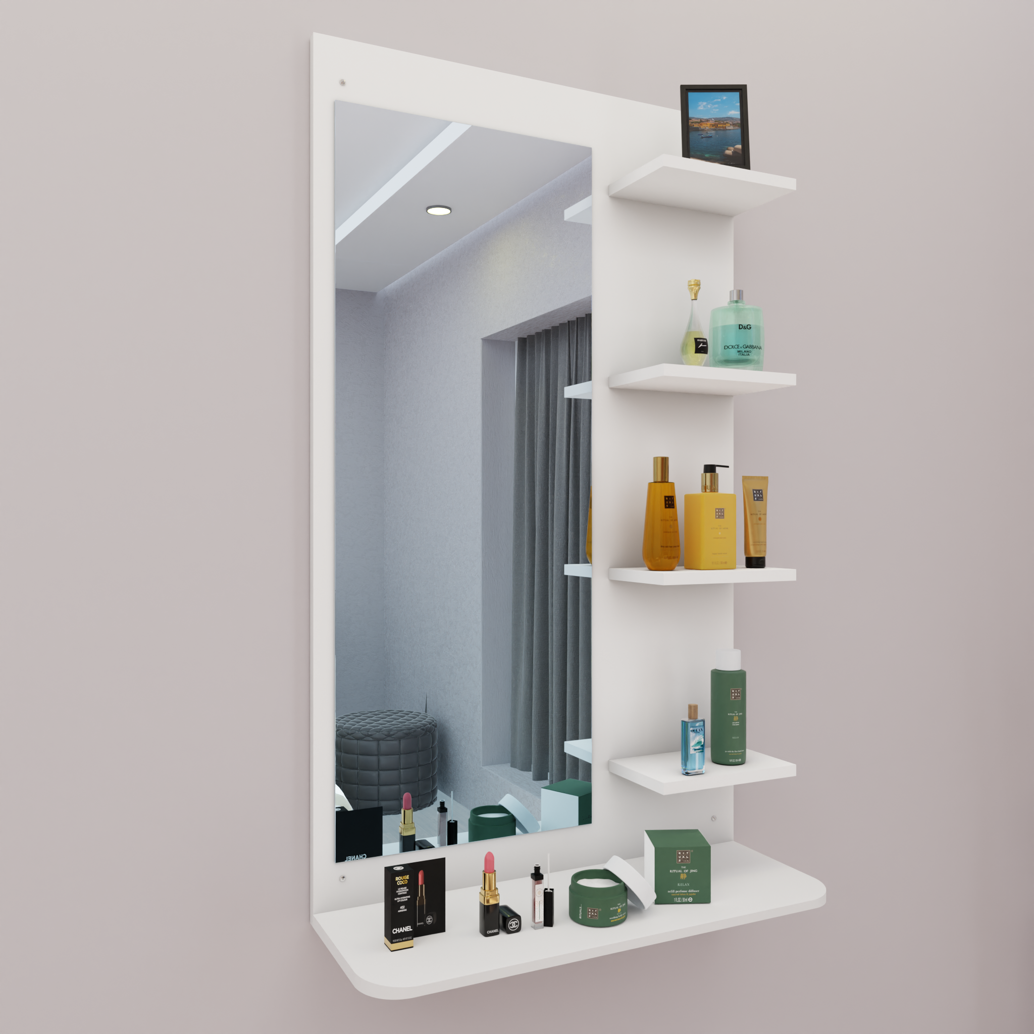 Dressing Table with Mirror | Open Shelves Dressing Table VIKI FURNITURE White