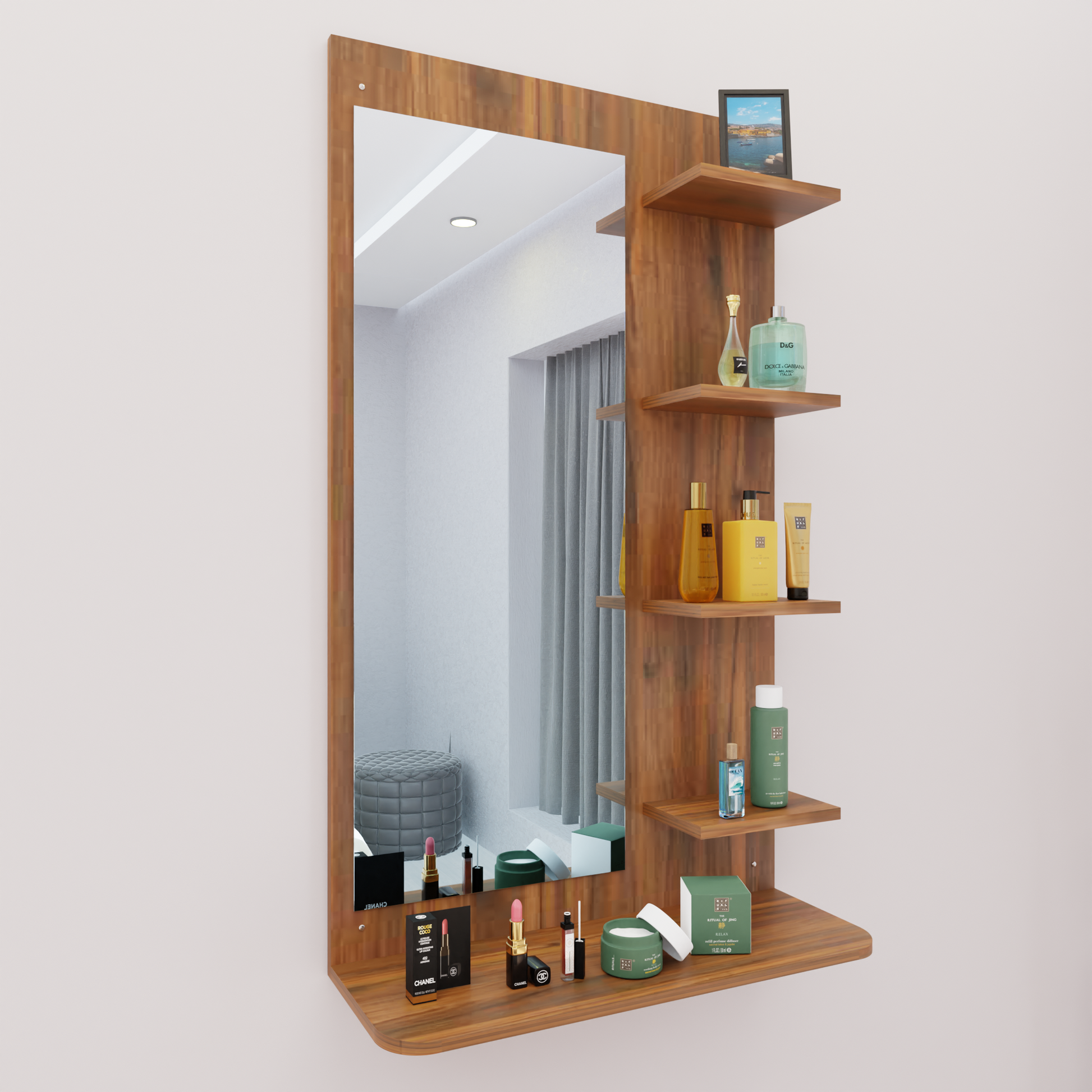 Dressing Table with Mirror | Open Shelves Dressing Table VIKI FURNITURE Walnut