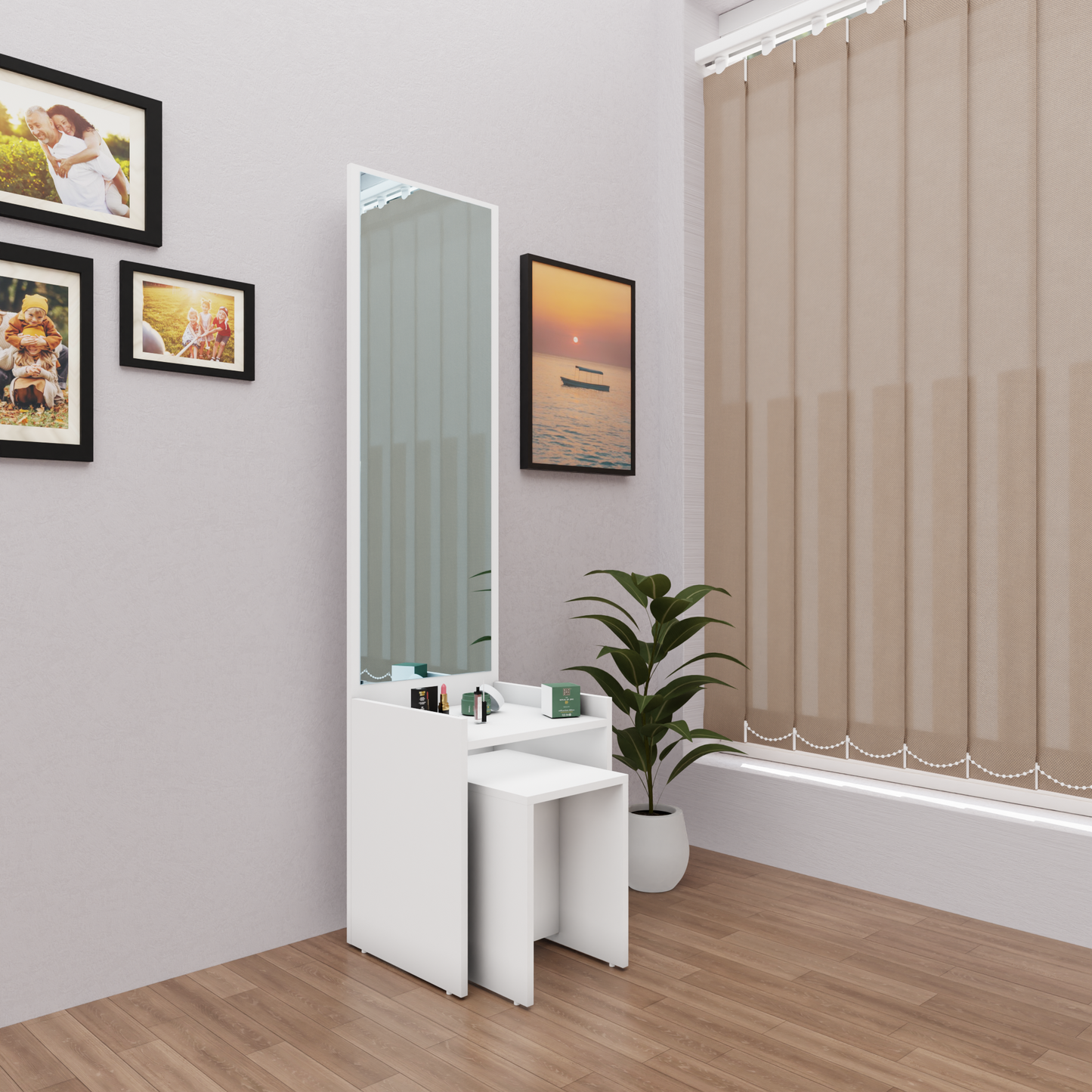 Dressing table with Mirror | Stool | Open Shelves Dressing Table VIKI FURNITURE Frosty White  