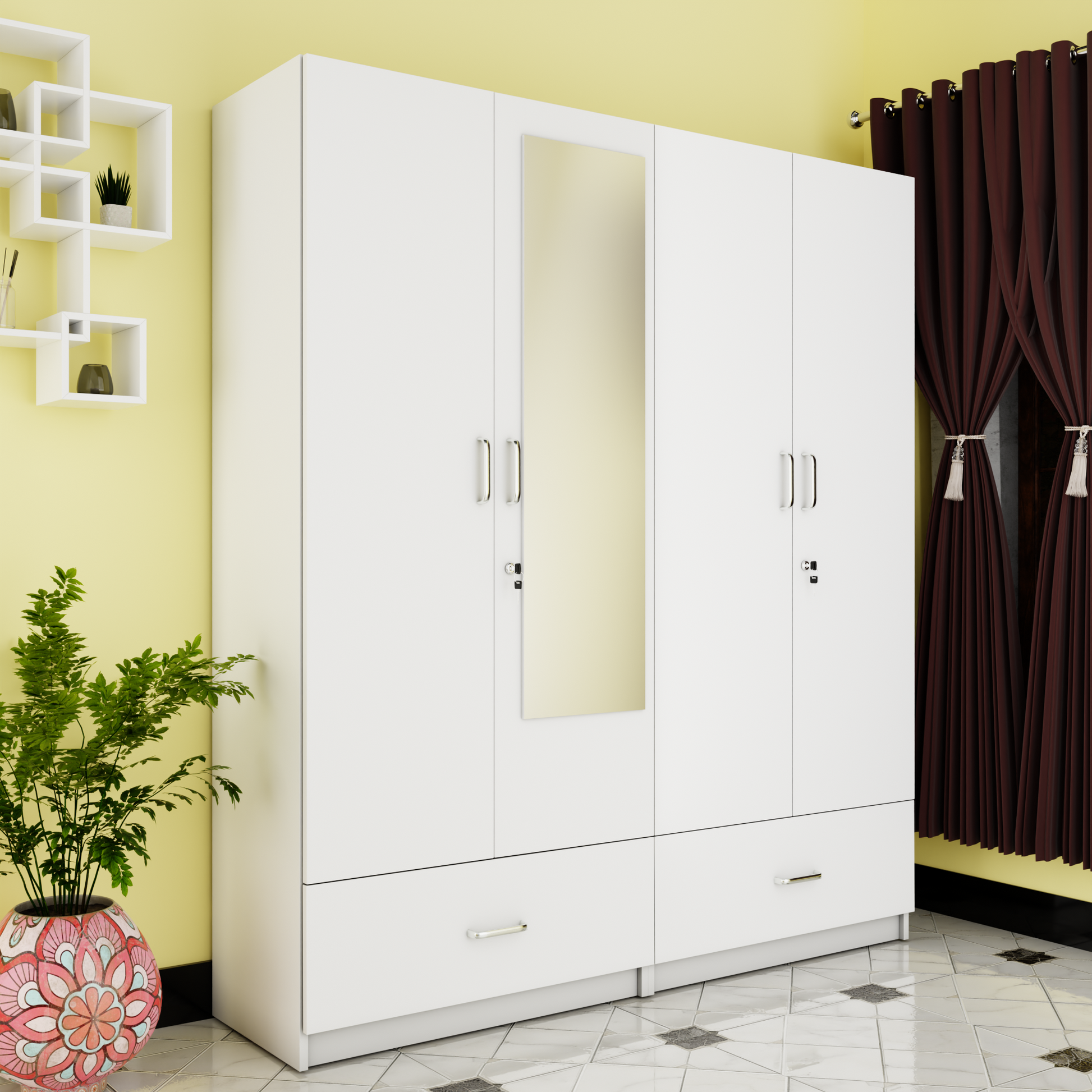 VIKI | Almirah for 4 Door Wardrobe with 2 Split Drawer & Hanging Space with Mirror (40D x 160W x 180.8H) Wardrobes VIKI FURNITURE