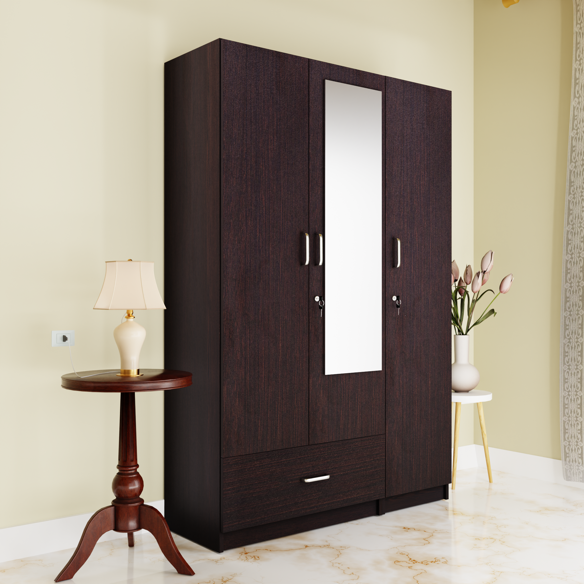 VIKI | Almirah for 3 Door Wardrobe with 1 Drawer & Hanging Space with Mirror ( 40D x 120W x 180.8H) Wardrobes VIKI FURNITURE Wenge
