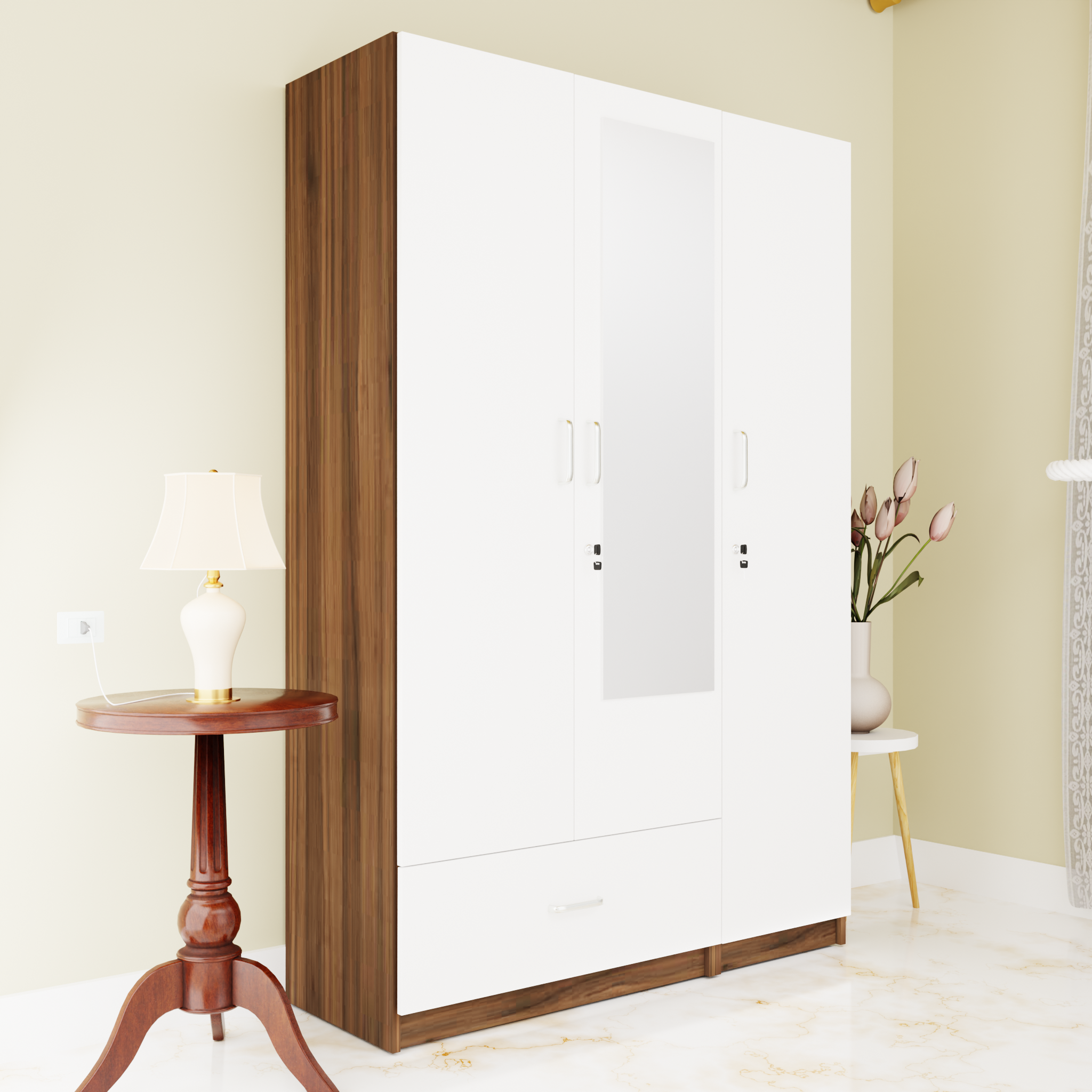 VIKI | Almirah for 3 Door Wardrobe with 1 Drawer & Hanging Space with Mirror ( 40D x 120W x 180.8H) Wardrobes VIKI FURNITURE White & Walnut