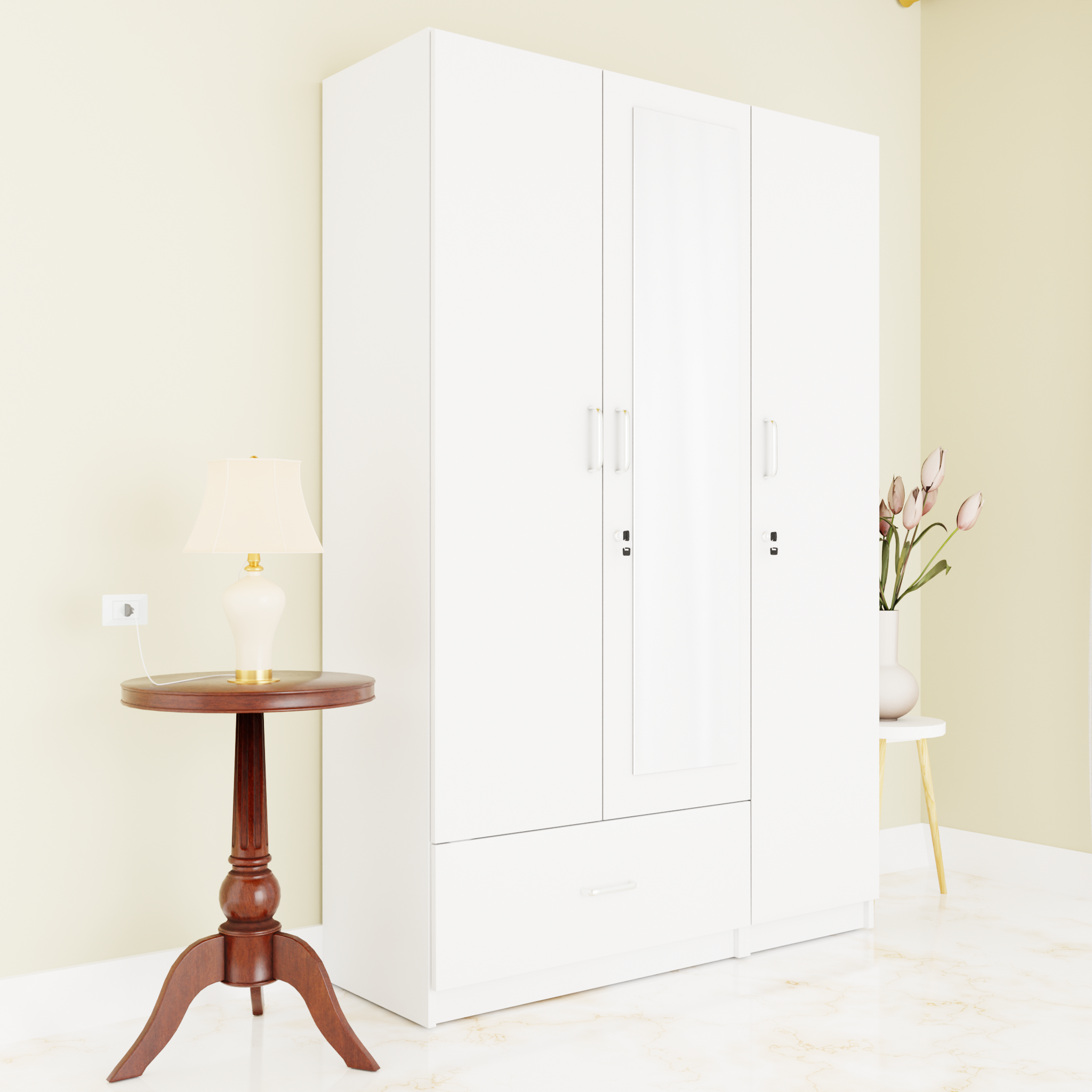 VIKI | Almirah for 3 Door Wardrobe with 1 Drawer & Hanging Space with Mirror ( 40D x 120W x 180.8H) Wardrobes VIKI FURNITURE White