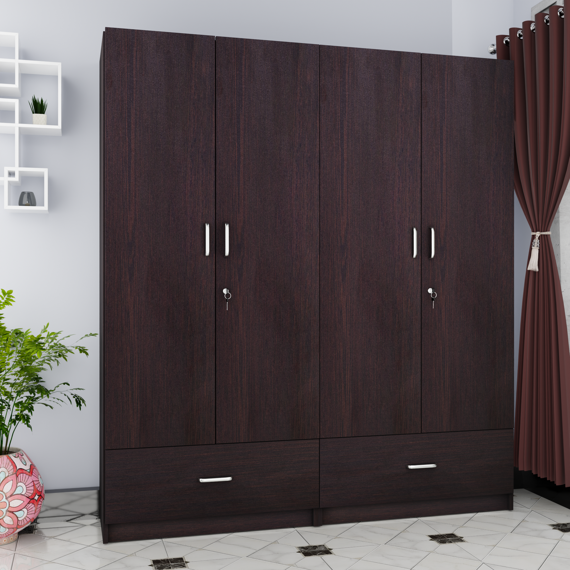 VIKI | Almirah for 4 Door Wardrobe with 2 Split Drawer & Hanging Space (40D x 160W x 180.8H) Wardrobes VIKI FURNITURE Wenge
