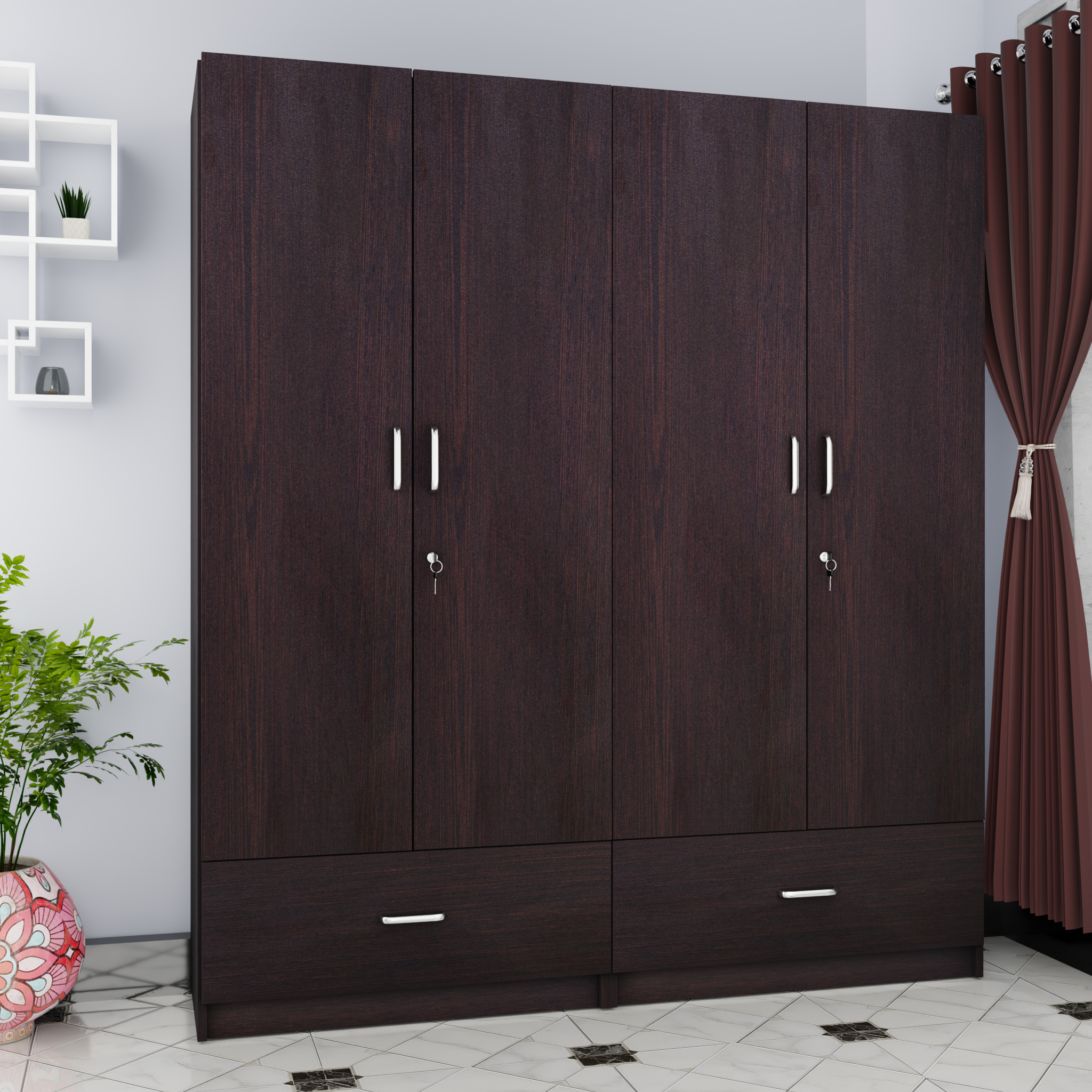 VIKI | Almirah for 4 Door Wardrobe with 2 Split Drawer & Hanging Space (40D x 160W x 180.8H) Wardrobes VIKI FURNITURE Wenge