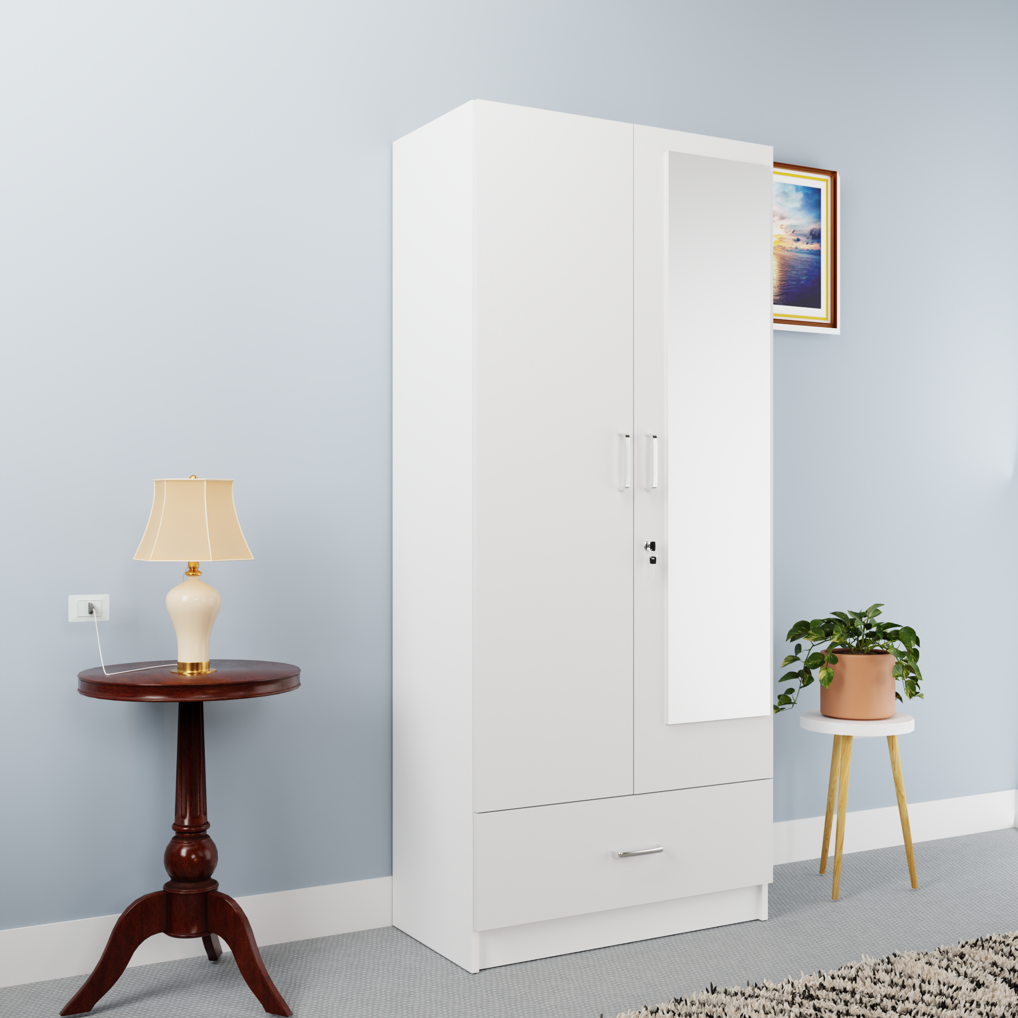 VIKI | Almirah for 2 Door Wardrobe with 1 Drawer & Hanging Space with Mirror( 40D x 80W x 180.8H) Wardrobes VIKI FURNITURE White