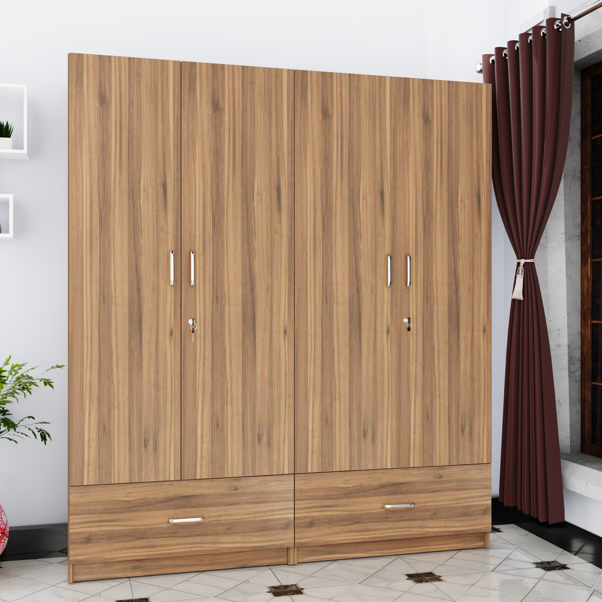 VIKI | Almirah for 4 Door Wardrobe with 2 Split Drawer & Hanging Space (40D x 160W x 180.8H) Wardrobes VIKI FURNITURE Walnut