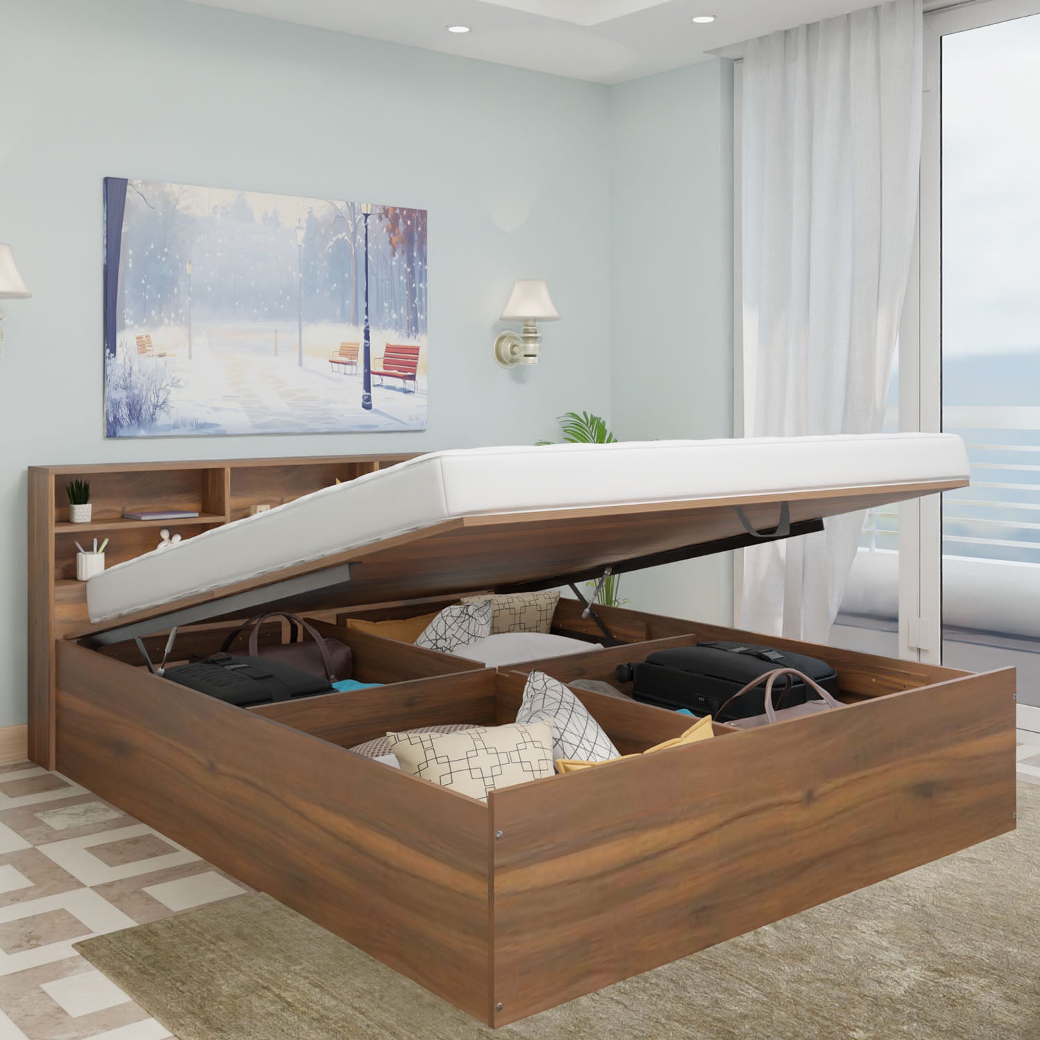 VIKI | Hydraulic with head shelf Bed with Storage Bedroom Furniture Sets VIKI FURNITURE Queen Walnut