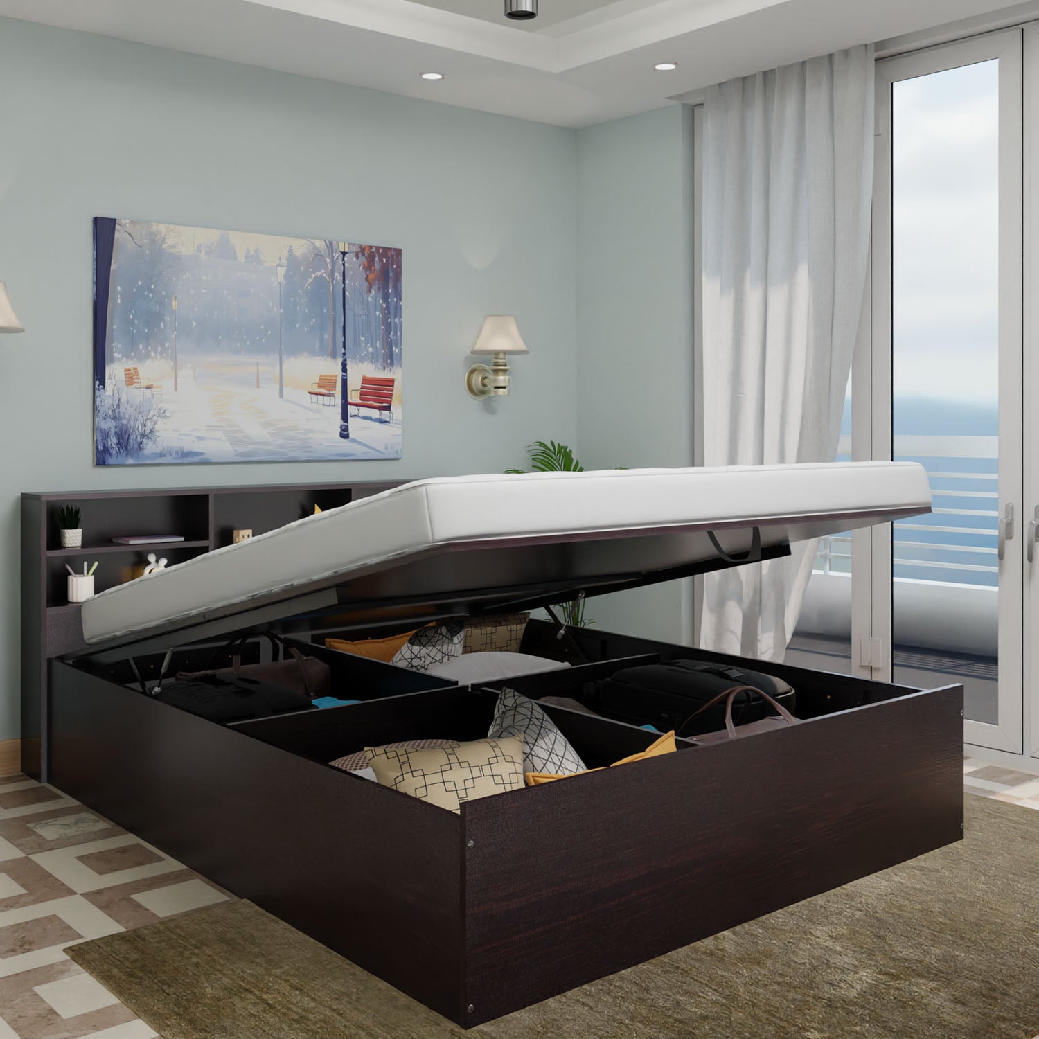 VIKI | Hydraulic with head shelf Bed with Storage Bedroom Furniture Sets VIKI FURNITURE Queen Wenge