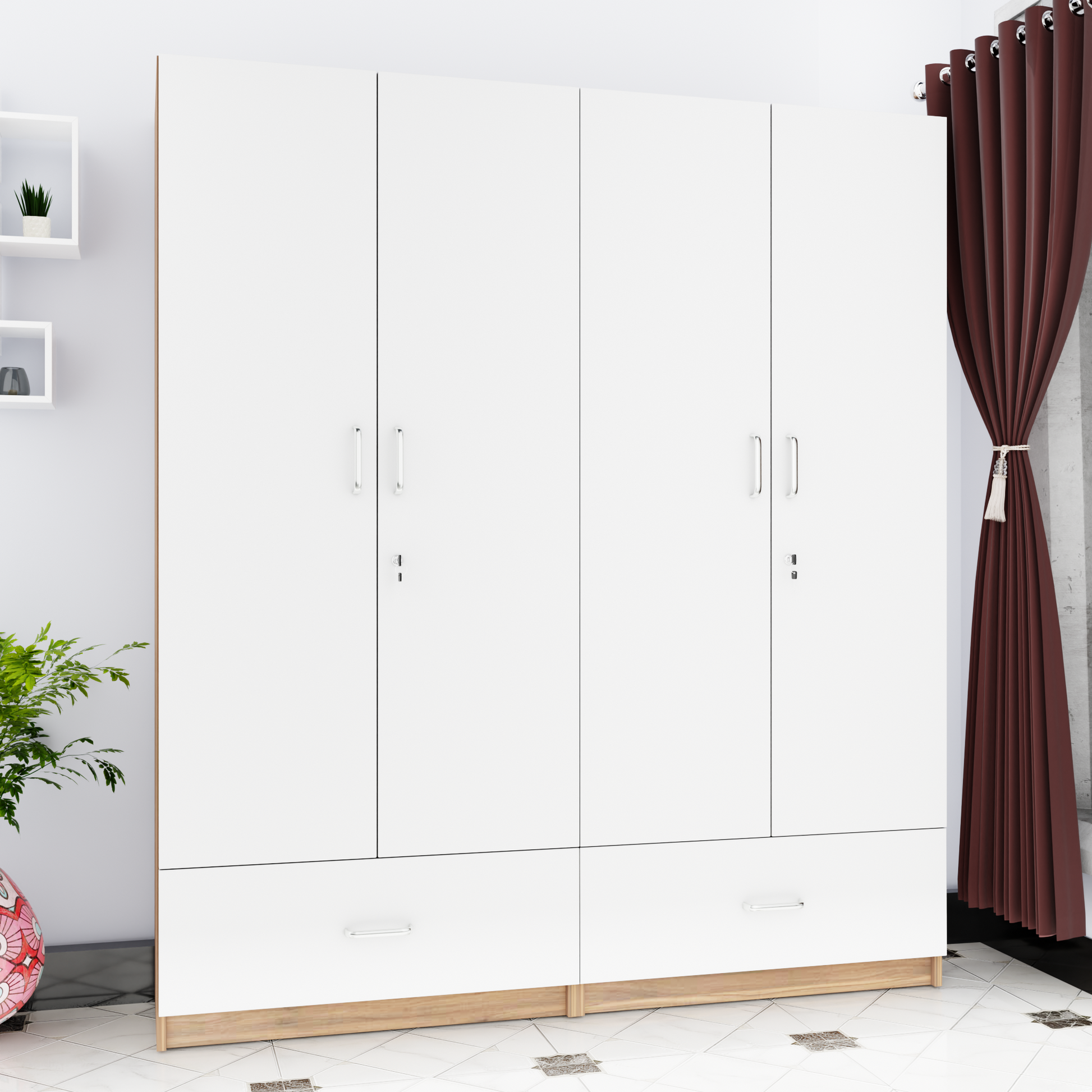 VIKI | Almirah for 4 Door Wardrobe with 2 Split Drawer & Hanging Space (40D x 160W x 180.8H) Wardrobes VIKI FURNITURE White & Walnut