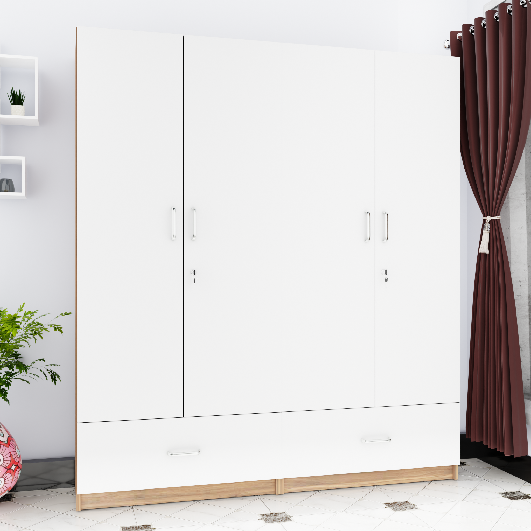 VIKI | Almirah for 4 Door Wardrobe with 2 Split Drawer & Hanging Space (40D x 160W x 180.8H) Wardrobes VIKI FURNITURE White & Walnut