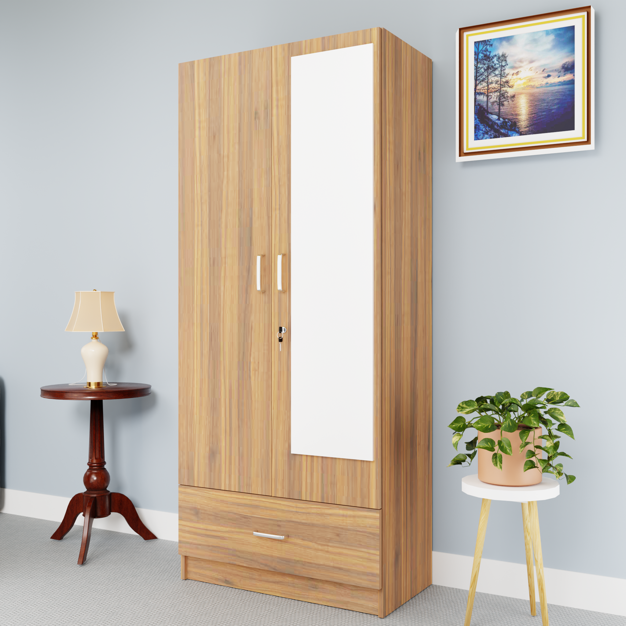VIKI | Almirah for 2 Door Wardrobe with 1 Drawer & Hanging Space with Mirror( 40D x 80W x 180.8H) Wardrobes VIKI FURNITURE Walnut