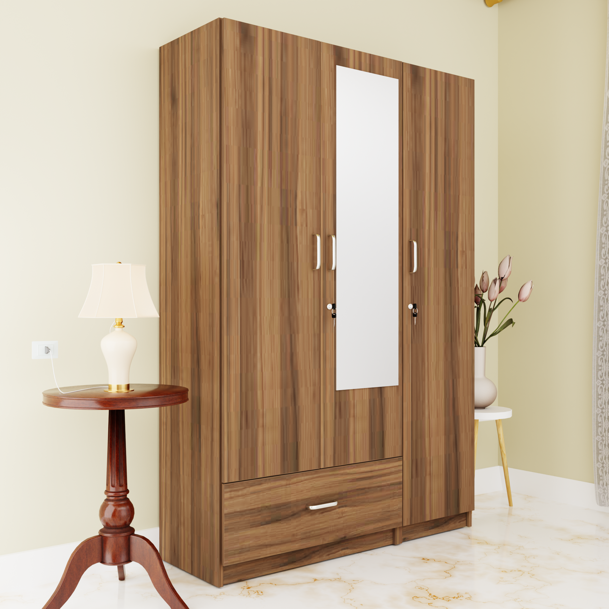 VIKI | Almirah for 3 Door Wardrobe with 1 Drawer & Hanging Space with Mirror ( 40D x 120W x 180.8H) Wardrobes VIKI FURNITURE Walnut