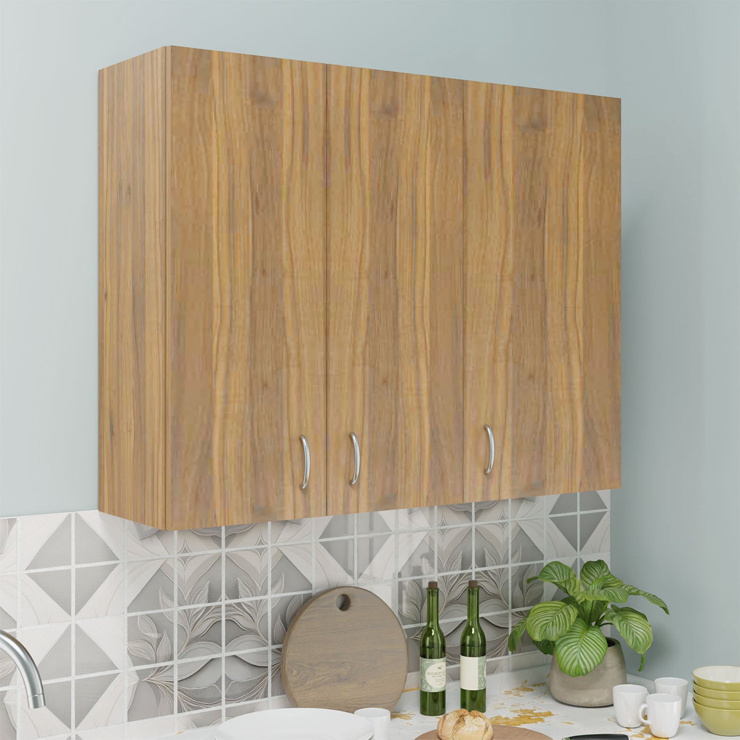 VIKI | Multipurpose Wall Mounted Cabinet with 3 Doors | Storage Solution for Kitchen, Bedroom, Office & Living Room kitchen cabinet VIKI FURNITURE 3 Doors Walnut Wooden Swinng