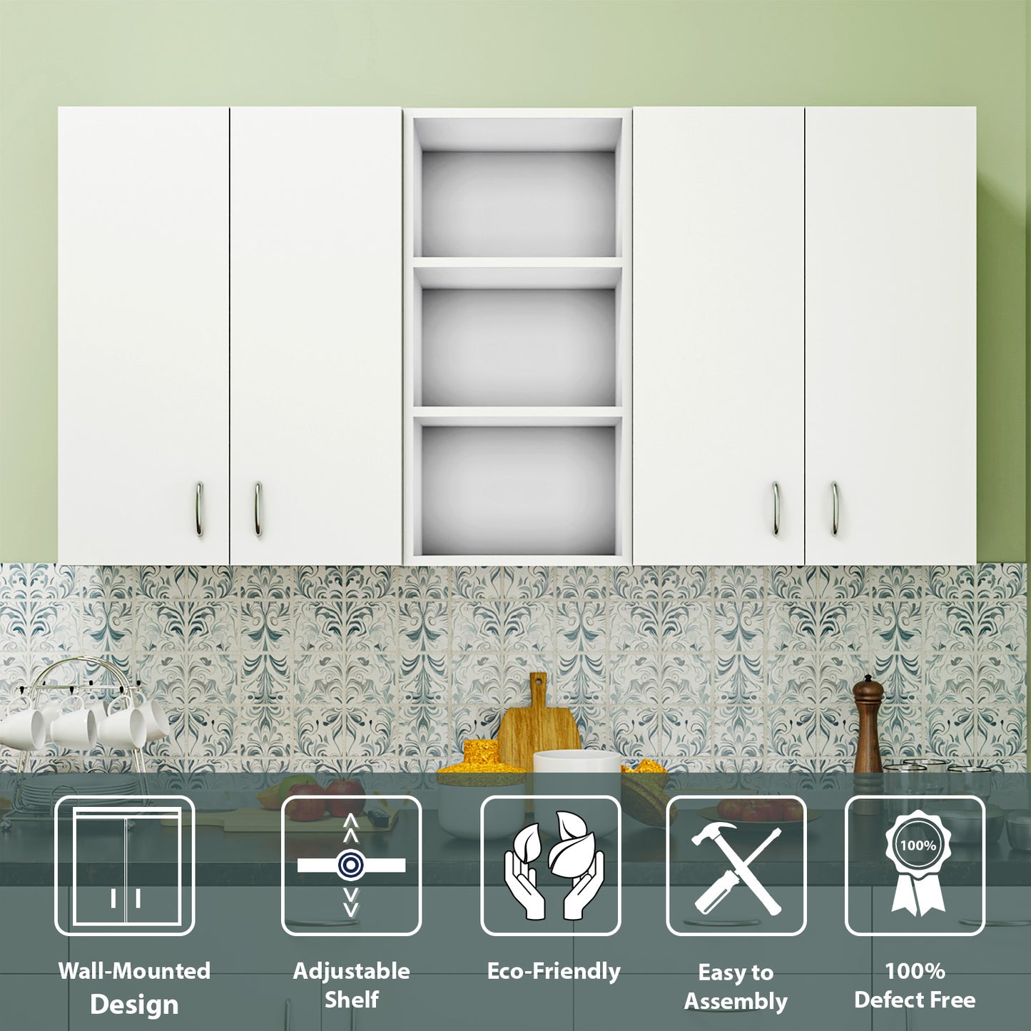 VIKI | Multipurpose Wall Mounted Cabinet with 4 Doors | Storage Solution for Kitchen, Bedroom, Office & Living Room kitchen cabinet VIKI FURNITURE 4 Doors with Open Shelf White Wooden Swinng